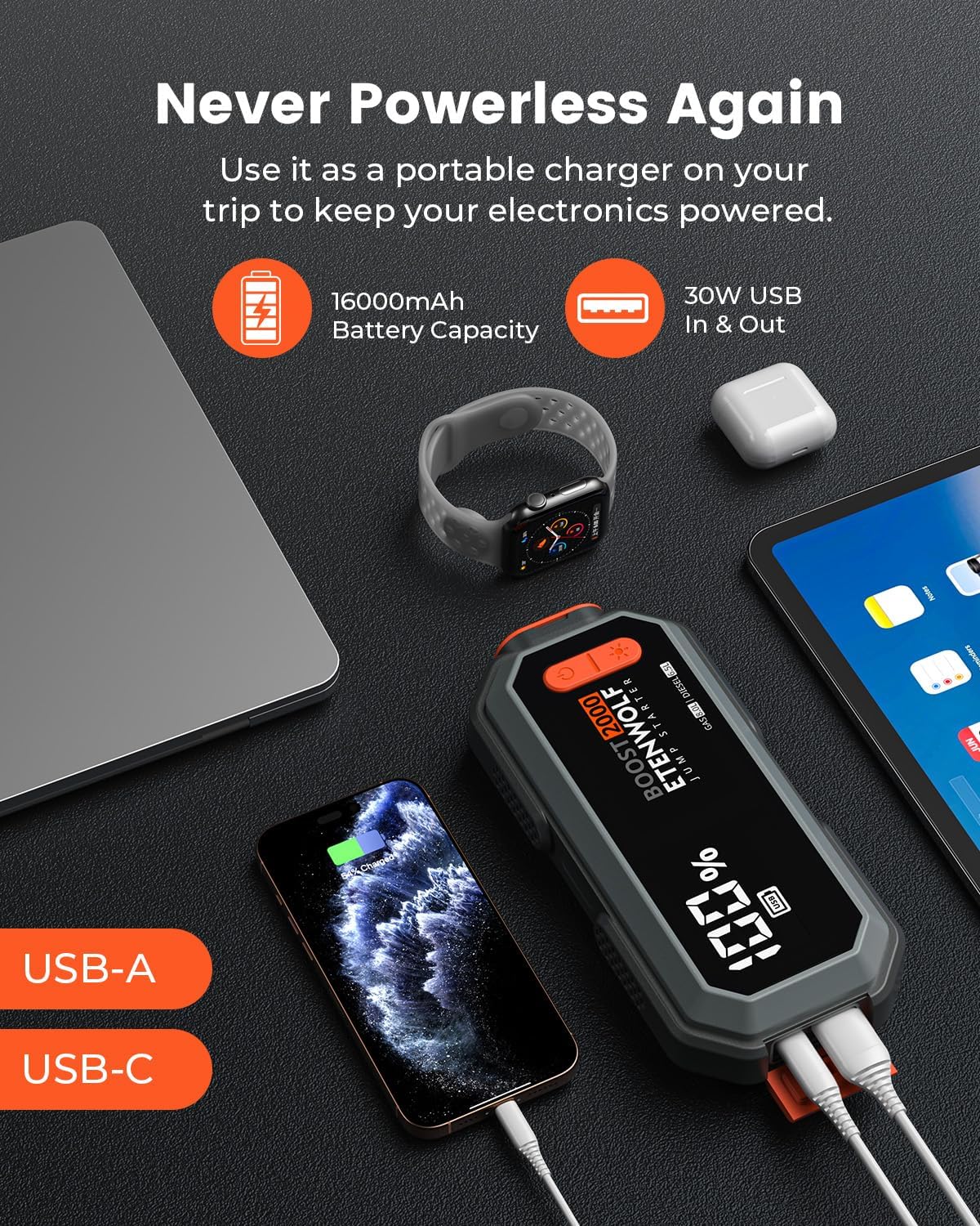 Ca Batter Jum Starte Portable 2000 Pea Jum Box 12 Ca Jum Starte fo u t 8.0 Ga an 6.5 Diese Engines USB- Portabl Batter Jumpe wit Jumpe Cable Powe Bank LE Light