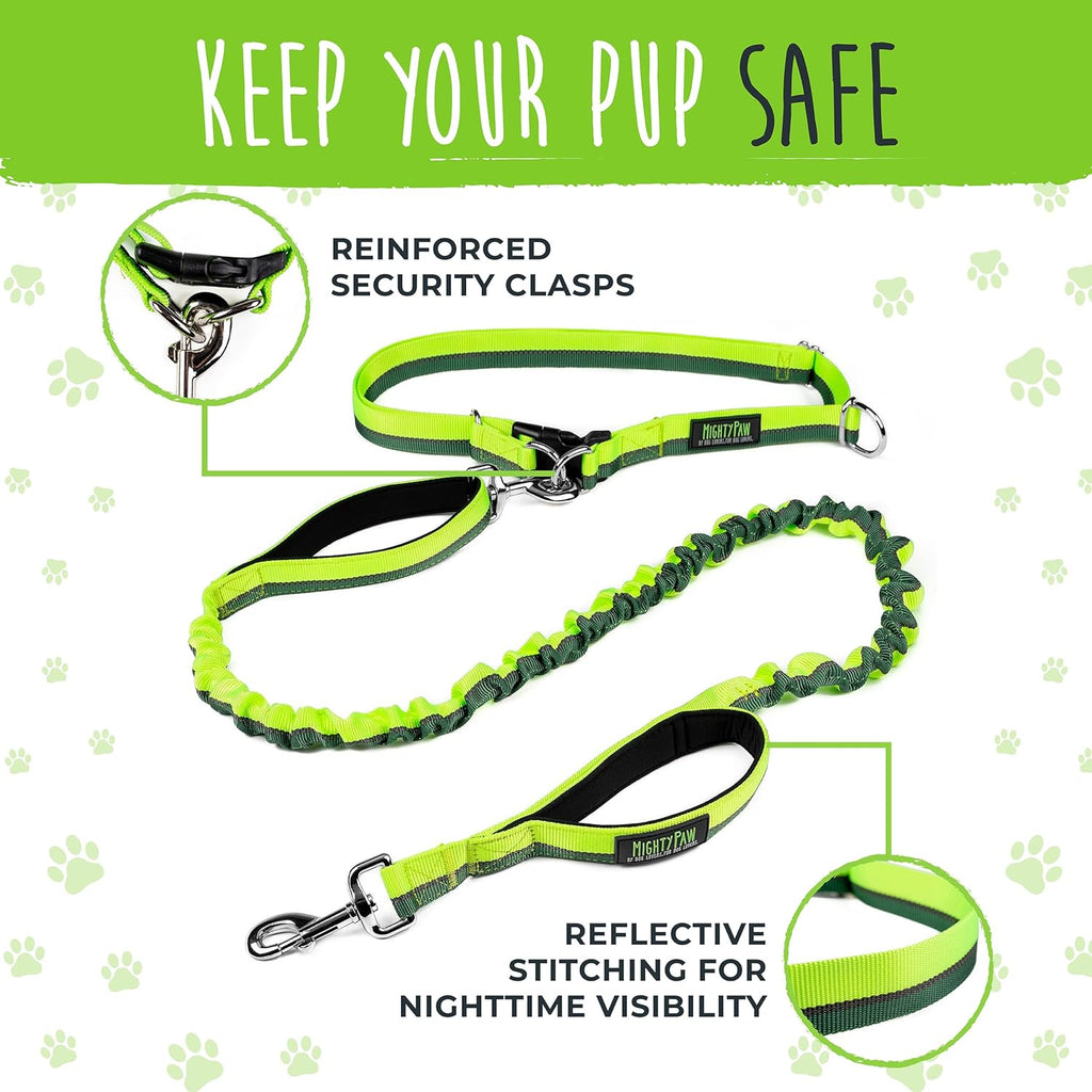 Mighty Paw Hands Free Dog Leash | Bungee Waist Leash for Dog Walking. Pet Running Hands Free Tether for Large, Medium & Small Breeds. Pet Waist Belt (36inch - 48inch) Up to 150 lbs - Green