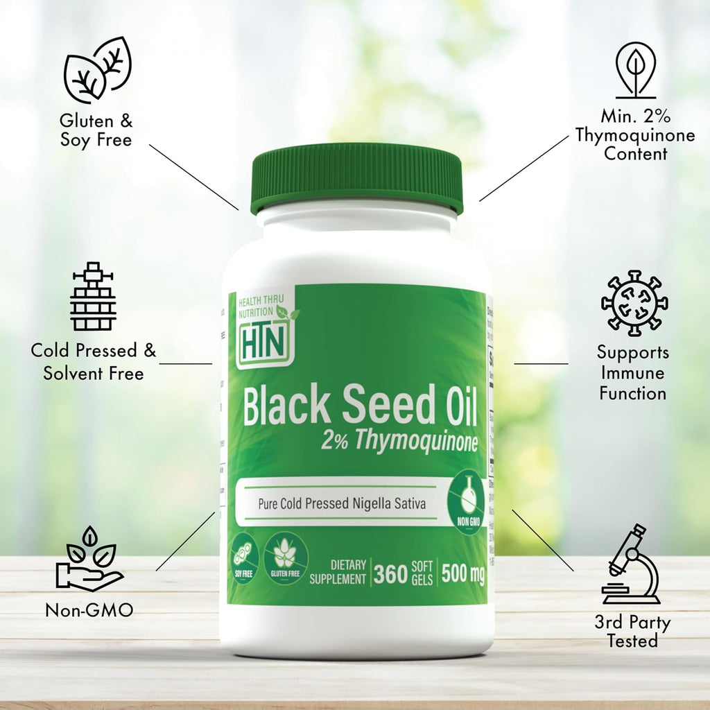 Health Thru Nutrition Black Seed Oil 500mg 360 Softgels | High Potency 2% Thymoquinone | 3rd Party Tested | Pure Cold Pressed | Organically Gown | Non-GMO, Gluten Free, Soy Free