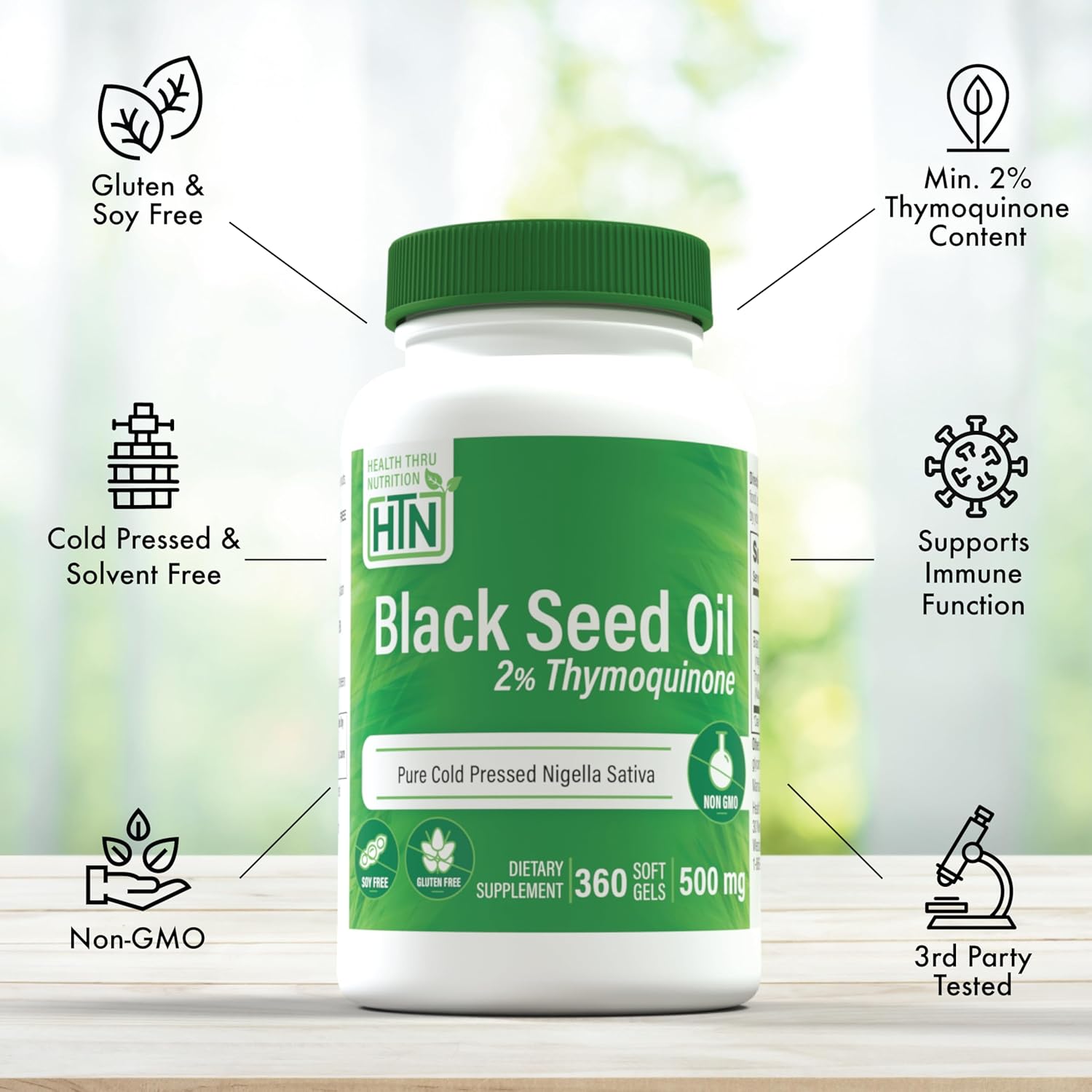 Health Thru Nutrition Black Seed Oil 500mg 360 Softgels | High Potency 2% Thymoquinone | 3rd Party Tested | Pure Cold Pressed | Organically Gown | Non-GMO, Gluten Free, Soy Free