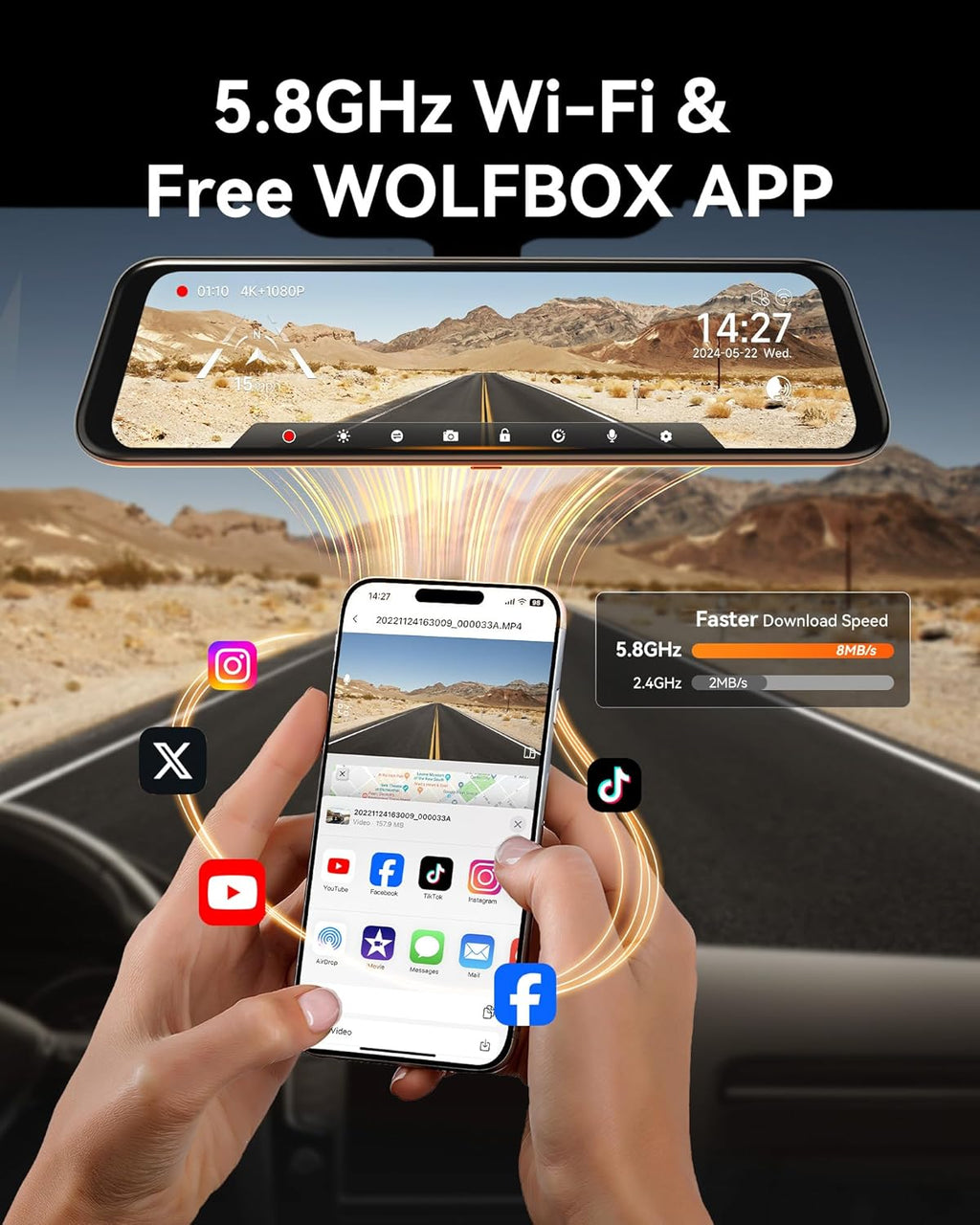 WOLFBO 12inc 4 Rea Vie Mirro Camer wit 5.8GH WiF an Voic Control Smar Mirro Das Ca Fron an Rear Backu Camer wit 1080 Rea Camera Das Ca wit WDR Include 64G Car GPS