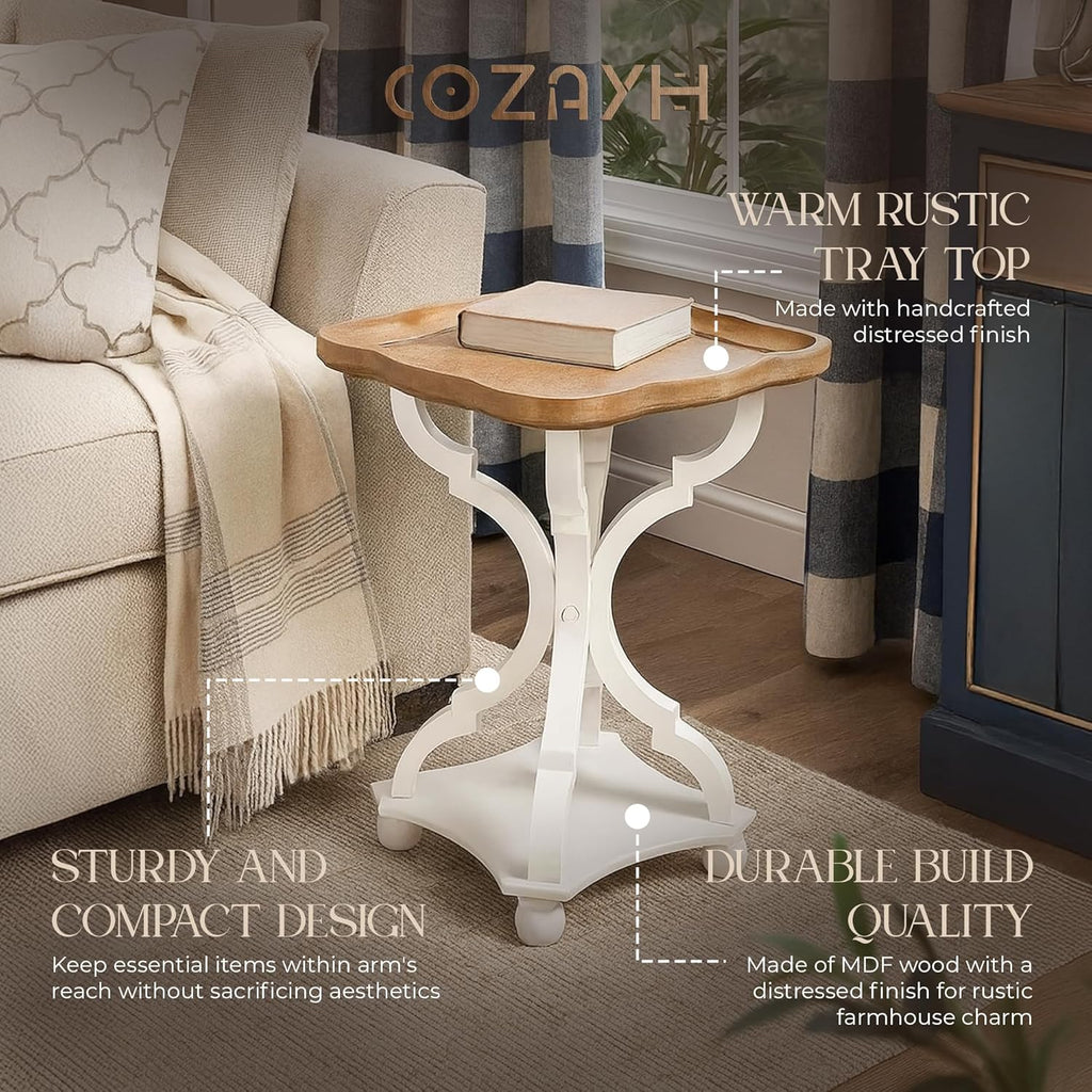 COZAYH Square End Table with Rustic Wood Tray Top and White Curved Legs, 19inchx19inchx25inch ¨C French Country Accent for Bedroom, Living Room, Dining or Entryway ¨C Farmhouse-Style Furniture Piece