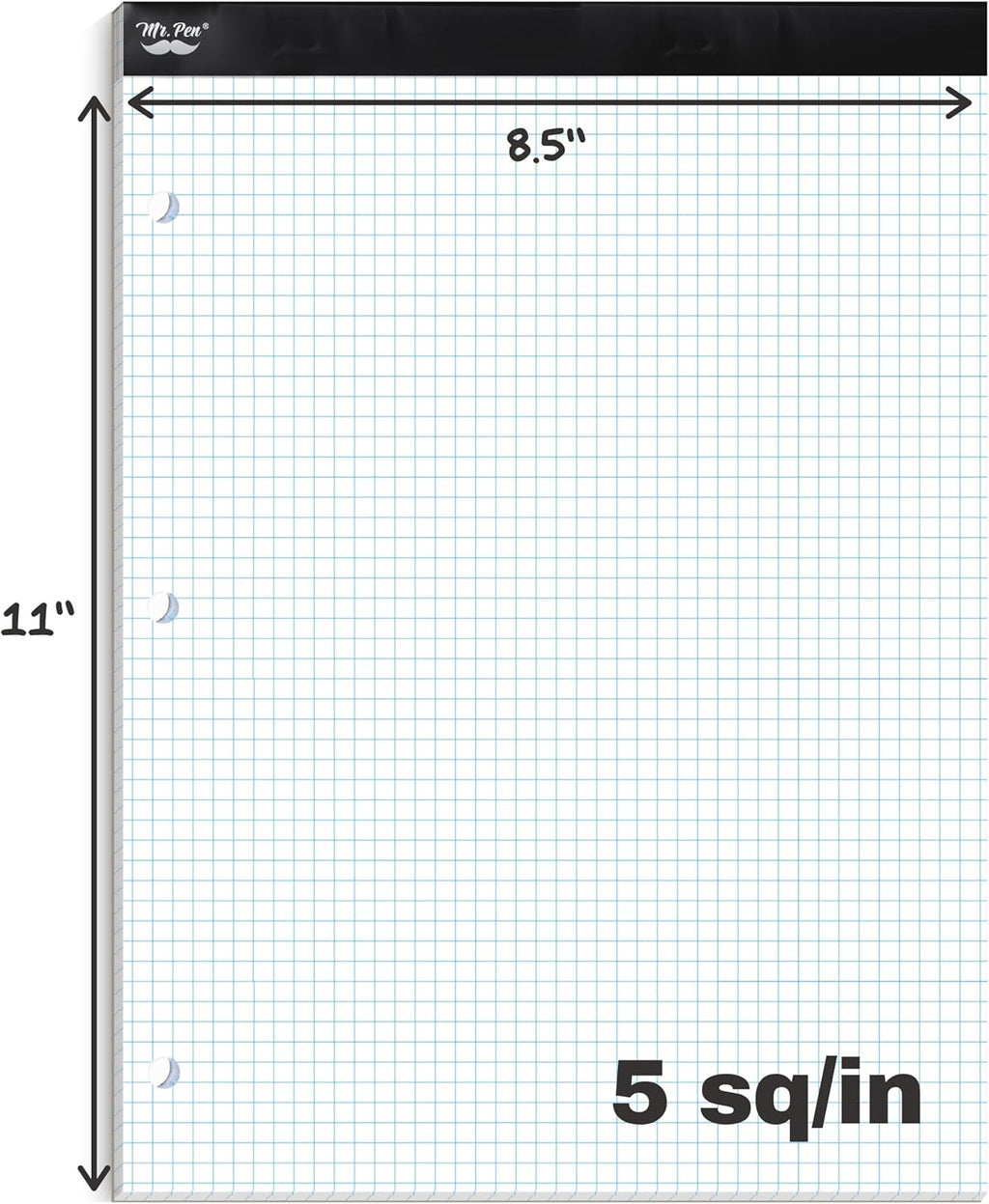 Graph Paper Pad 11inchx8.5inch, 5x5 Quad-Ruled Graph Paper, 5 Squares per Inch, Grid Paper Pad, 3-Hole Punched, 11 Inch x 8.5 Inch, 55 Sheets, White