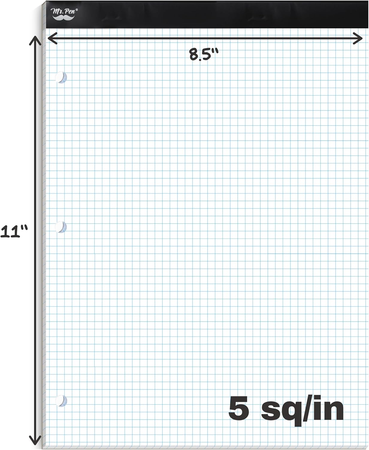 Graph Paper Pad 11inchx8.5inch, 5x5 Quad-Ruled Graph Paper, 5 Squares per Inch, Grid Paper Pad, 3-Hole Punched, 11 Inch x 8.5 Inch, 55 Sheets, White