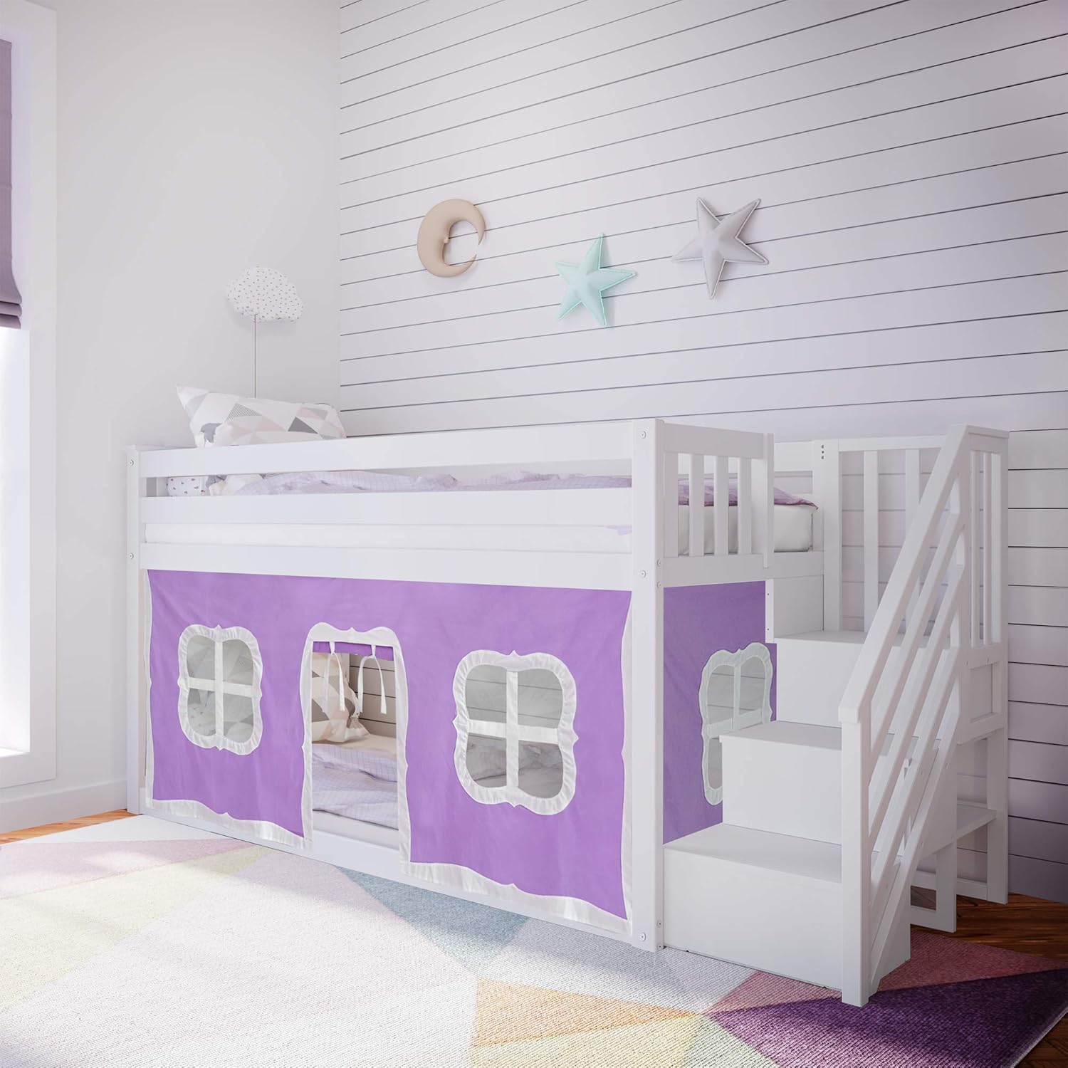 Max & Lily Low Bunk Bed, Twin-Over-Twin Bed Frame For Kids With Stairs and Curtains For Bottom, White/Purple