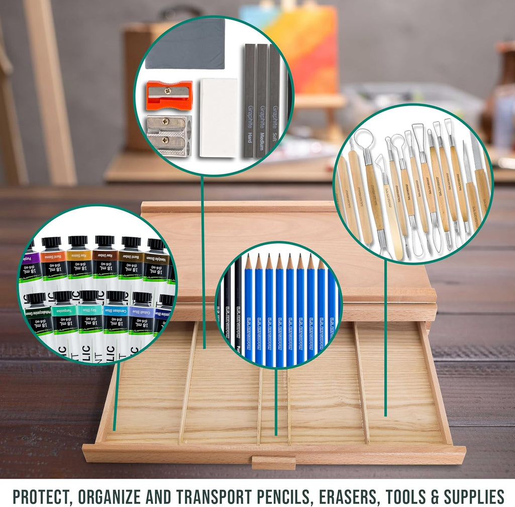 U.S Ar Suppl 2-Drawe Artis Too Suppl Bo wit Compartment pe Drawe Hardwoo Ar Bo fo Artis Supplies Brushes Pencils Erasers Too Storag Organize Case
