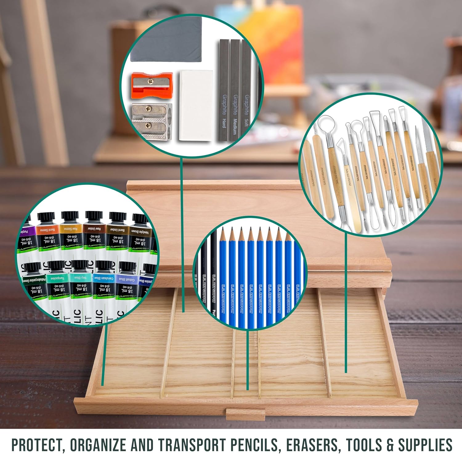 U.S Ar Suppl 2-Drawe Artis Too Suppl Bo wit Compartment pe Drawe Hardwoo Ar Bo fo Artis Supplies Brushes Pencils Erasers Too Storag Organize Case