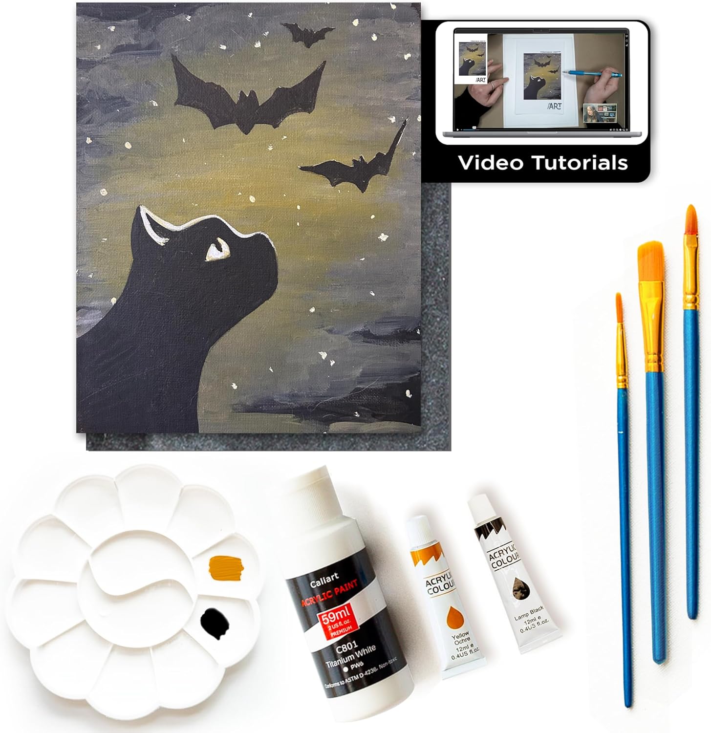 Painting4Rea DI Paintin Clas Ki fo Adult wit Vide Tutorials Lear t Pain Blac Ca an Bat Ho t Pain wit Acrylic Paintin Ar Supplie  Piec Acryli Pain Set