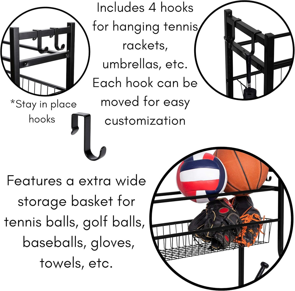 BIRDROC HOM Sport Equipmen Bal Organize 43inch fo Garag -Storag Rac Baseball Tennis Football Gy Gea Wid Bi Baske  Hook Kid To Holde Hocke Stic Cag Indoo Outdoor