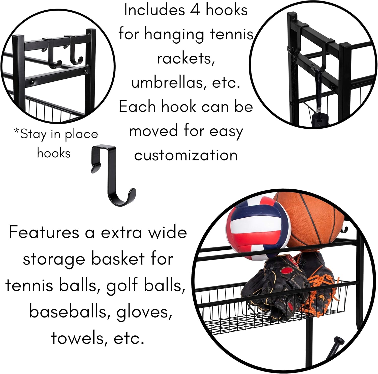 BIRDROC HOM Sport Equipmen Bal Organize 43inch fo Garag -Storag Rac Baseball Tennis Football Gy Gea Wid Bi Baske  Hook Kid To Holde Hocke Stic Cag Indoo Outdoor