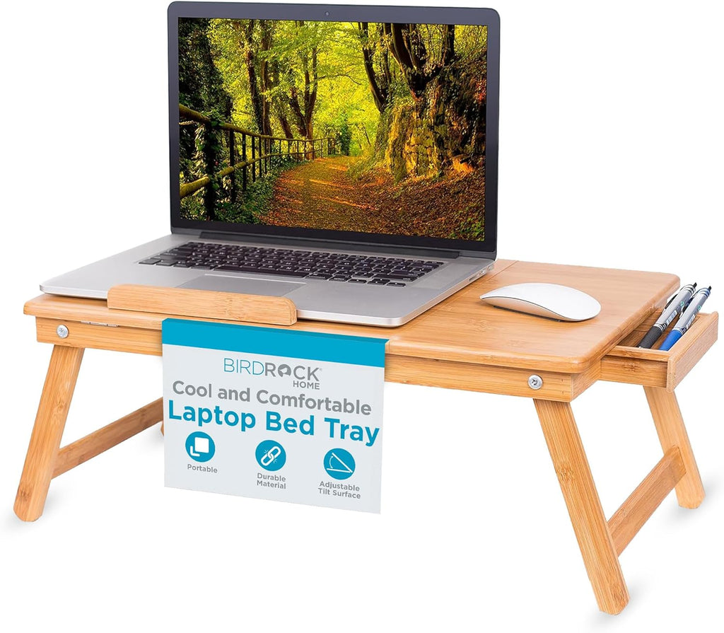 BIRDROCK HOME Bamboo Laptop Bed Tray with Adjustable Tilt Surface | Foldable Legs Pullout Storage Drawer | Wooden Lap Desk for Work, Reading, or Eating | Fits Laptops Up to 15inch | Walnut Finish