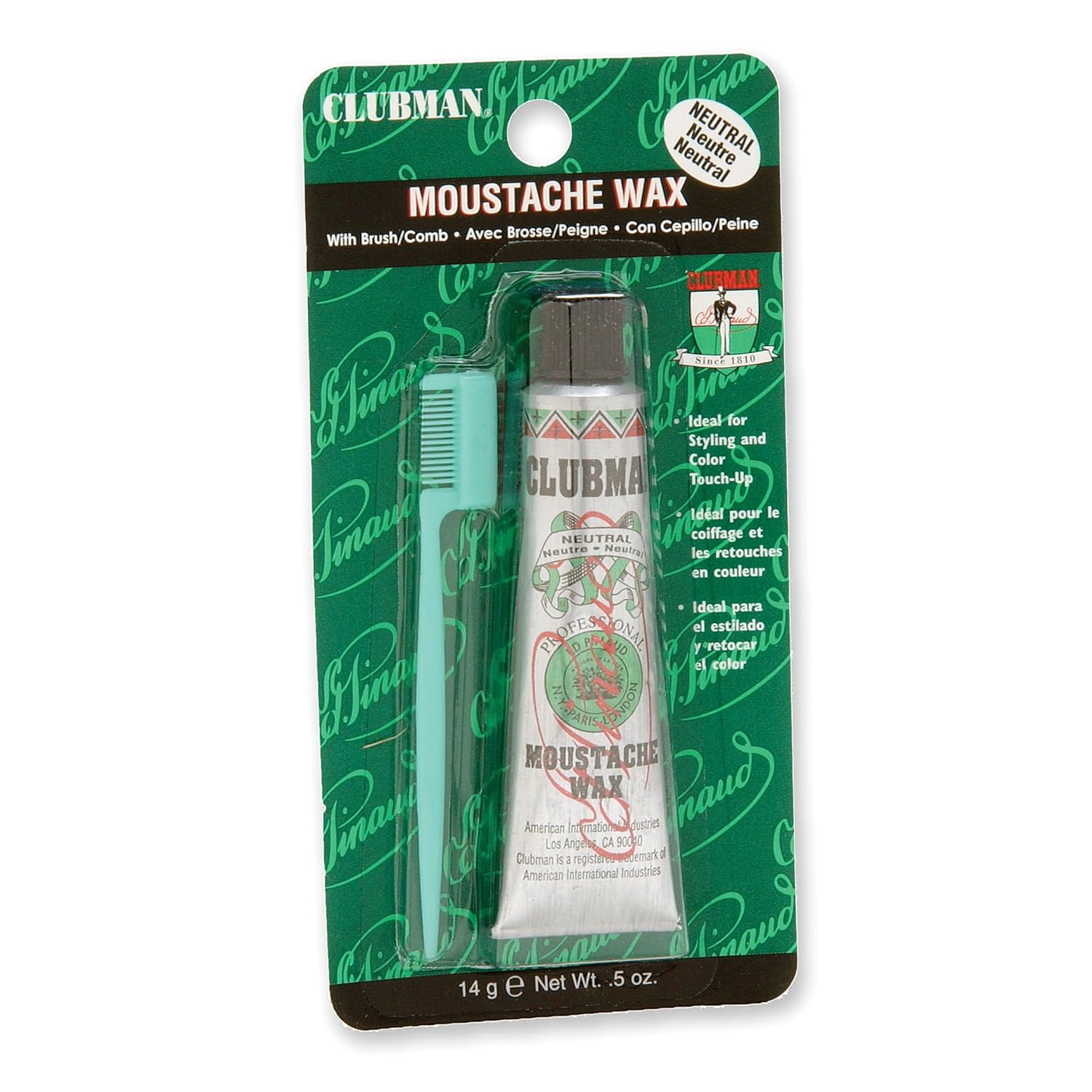 Clubman Moustache Wax ¨C Mustache Wax for Men Strong Hold, Neutral Color, Includes Styling Brush, Hang Pack, 0.5 oz