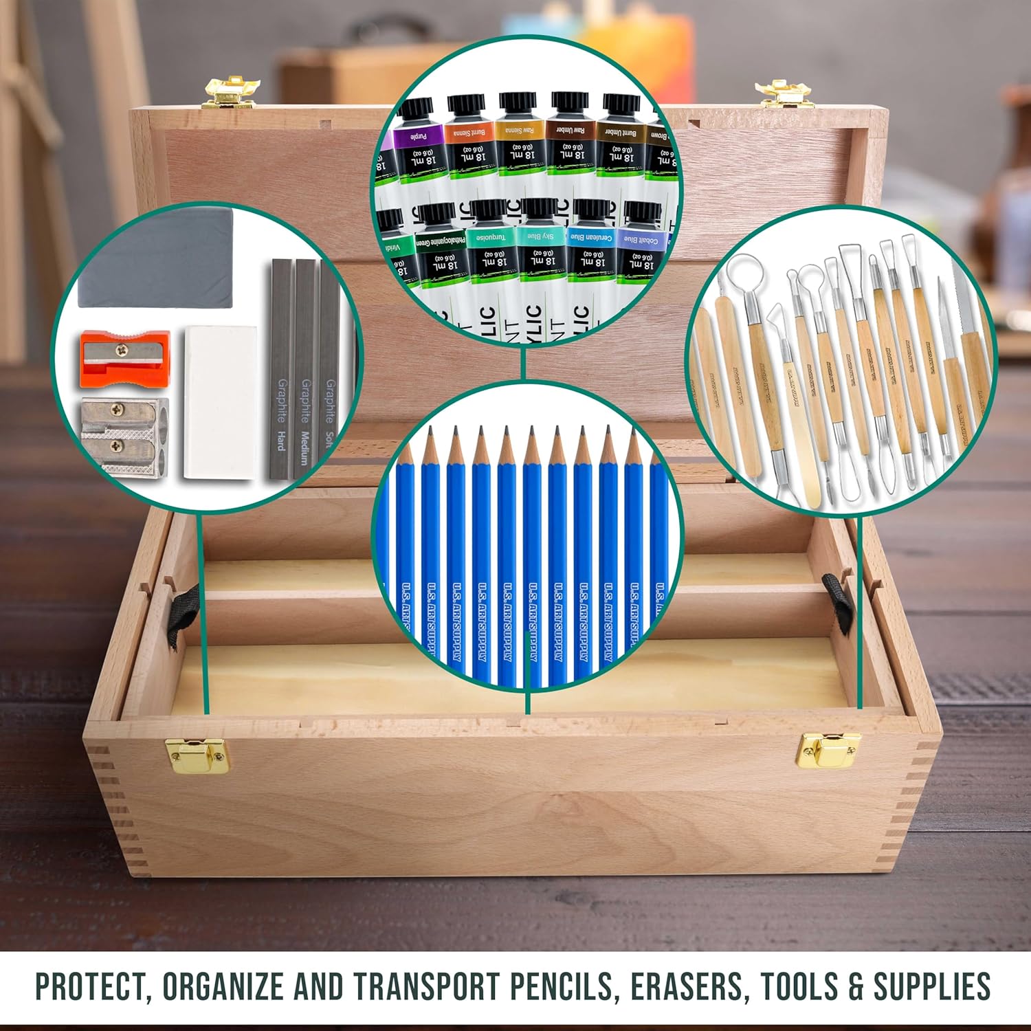 U.S Ar Suppl Multi-Functio Artis Suppl Bo wit Lockin Clasp Removabl Tra Woode Ar Bo fo Artis Supplies Brushes Pencils Erasers Too Storag Organize Case