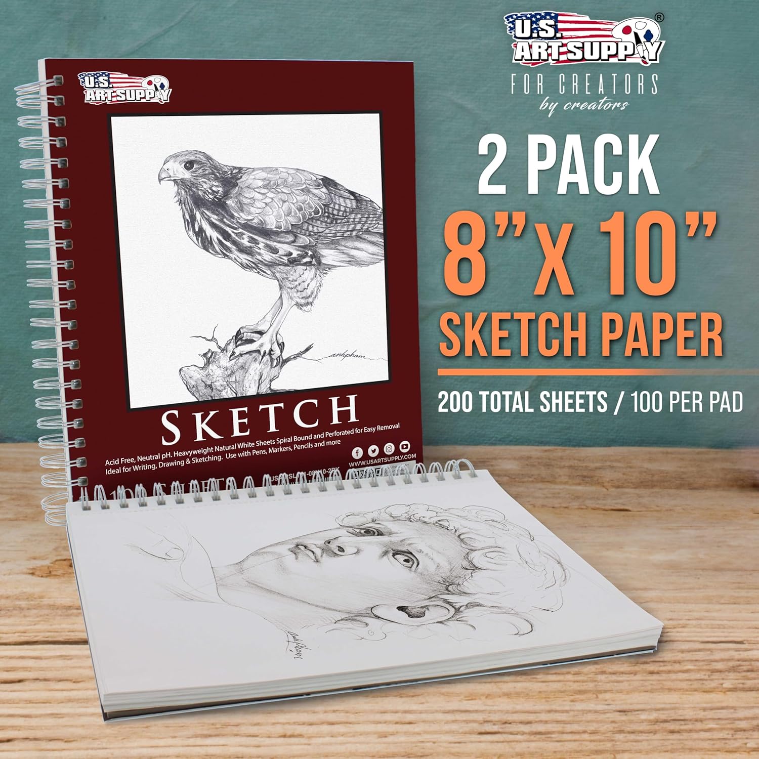 U.S. Art Supply 8inchx10inch Sketch Book Pad, 2 Pack (100 Sheets Each), 60lb (100gsm) Spiral Bound - Sketching, Drawing Pad, Acid-Free Paper - Sketch Pads for Adults, Students: Colored Pencils, Charcoal