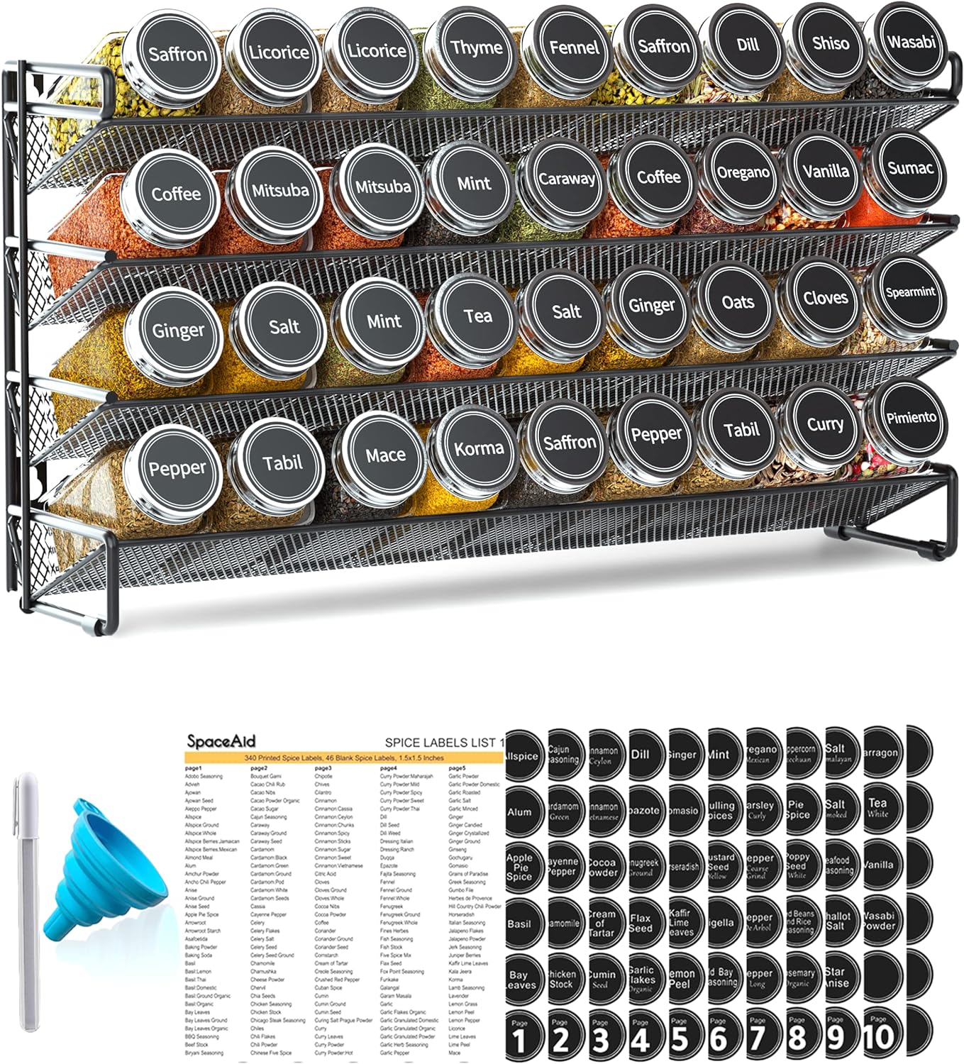SpaceAid Spice Rack Organizer with 21 Spice Jars, 386 Spice Labels, Chalk Marker and Funnel Set for Cabinet, Countertop, Pantry, Cupboard or Door Wall Mount - 21 Jars, 13.4inch W ¡Á 9inch H, Black