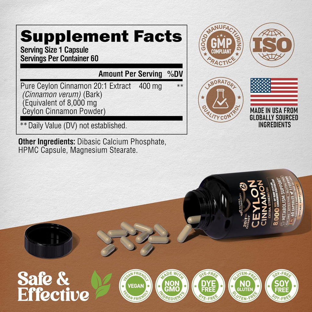 Ceylon Cinnamon Capsules - Extra Strength - Energy Heart Metabolism Support for Men Women - Pure Natural Cinnamon 20:1 Extract Supplement - GMO Gluten Free - Made in USA - 60 Capsules 2 Month
