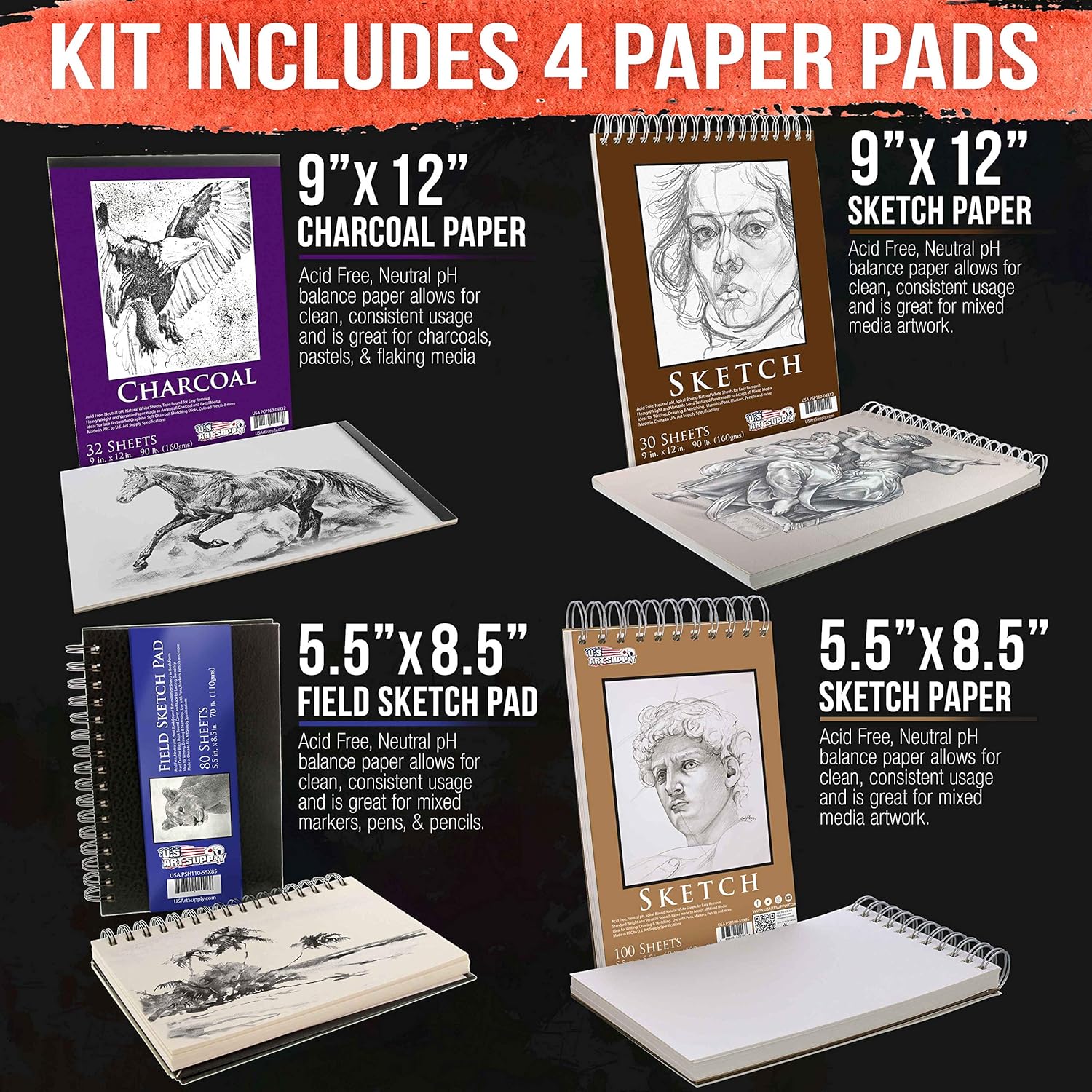 U.S Ar Suppl 44-Piec Drawin Sketchin Ar Se wit Sketc Pad (24 Pape Sheets Professiona Artis Kit Graphite Charcoal Paste Pencil Sticks Eraser Pop-U Carr Case Student
