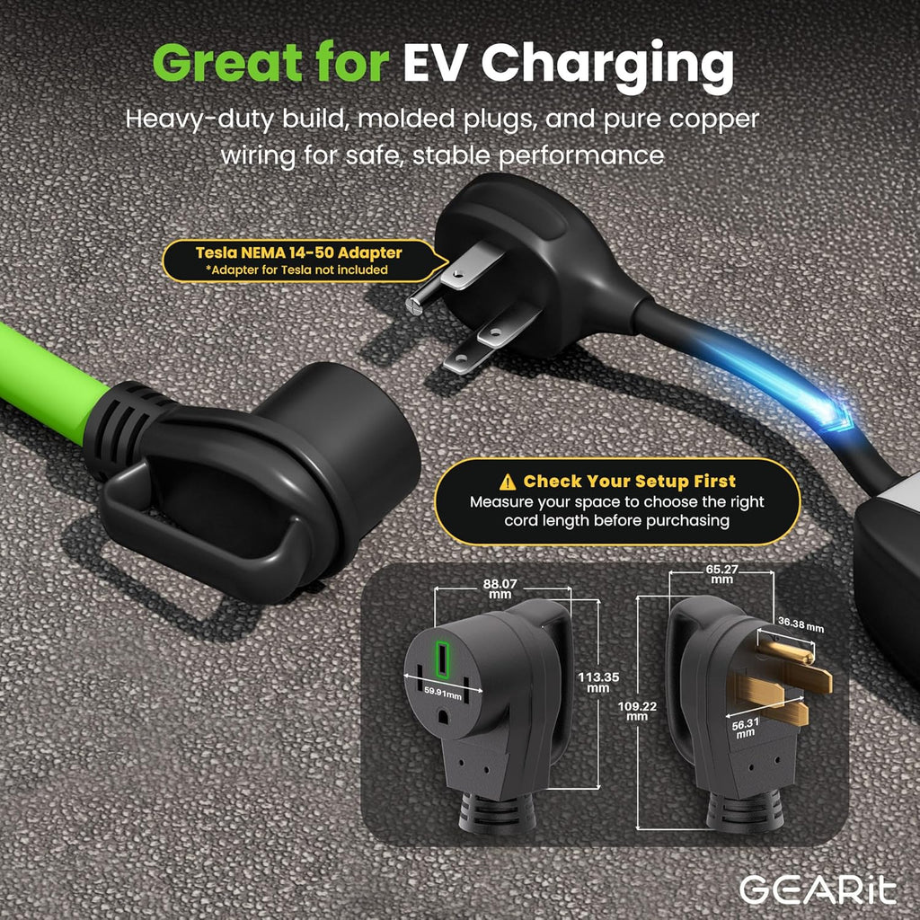 GEARit 50-Amp Extension Cord for RV & EV, 250-Volt, 4-Prong, Compatible with Tesla Models, NEMA 14-50P to 14-50R 6/3, 8/1 STW AWG Gauge, Waterproof, 75 ft, Green