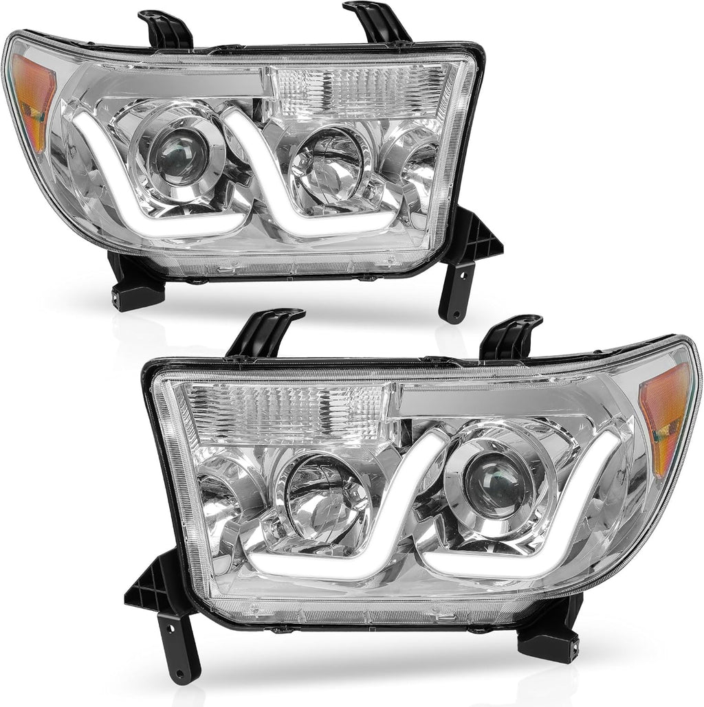 AUTOSAVER88 LED DRL Headlights Assembly Compatible with 2007-2013 Toyota Tundra / 2008-2017 Sequoia Headlamp Replacement Pair Set with Daytime Running Light Chrome Housing Amber Reflector