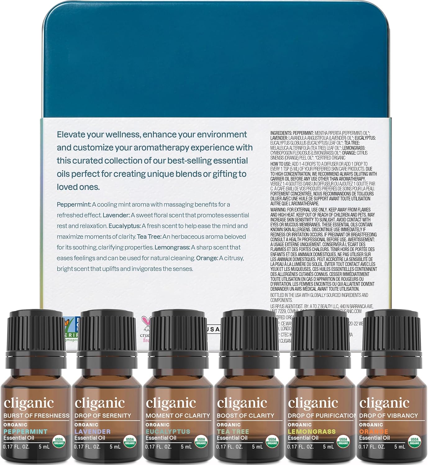 Cligani Organi Aromatherap Essentia Oil Se (To  Th Essentials) 100 Pur Natura Peppermint Lavender Eucalyptus Te Tree Lemongras Orang (Packagin Ma Vary)