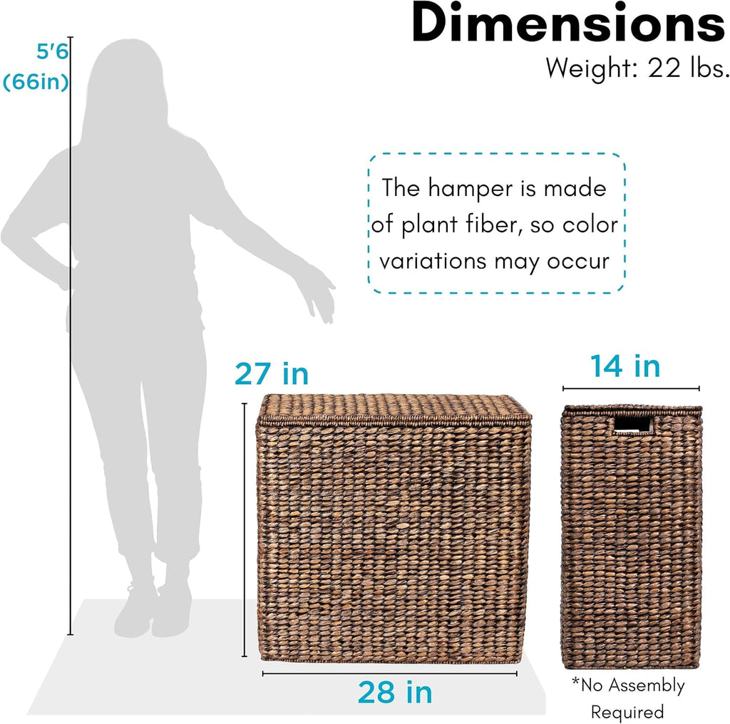BIRDROCK HOME Oversized Dual Hampers with Lid - Handwoven Natural Seagrass Fiber Compartment Laundry Hamper w/Dual Removable Liners Bag - Split/Two Side Basket for Dirty Laundry, Clothes - Brown Wash