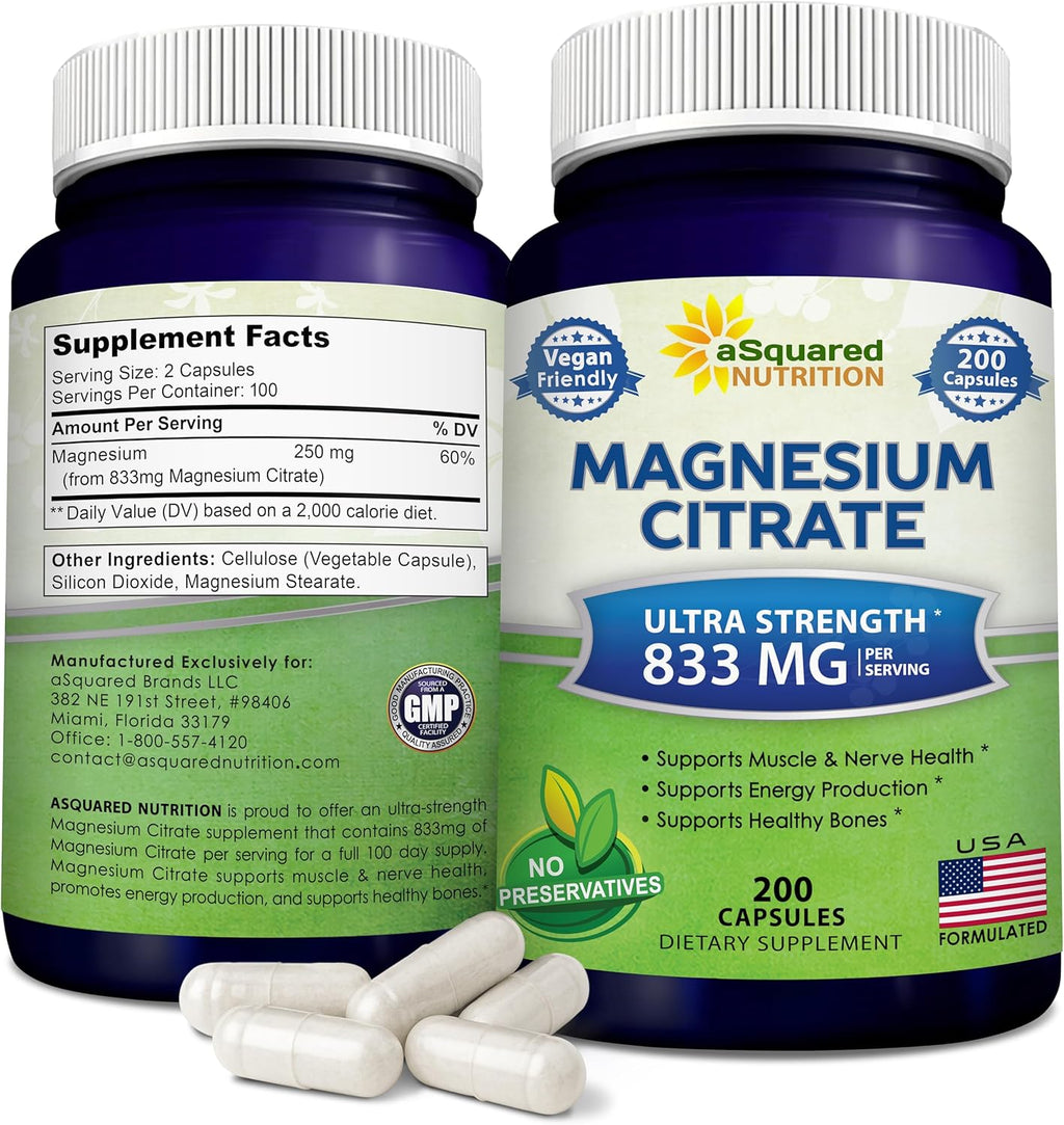 aSquare Nutritio Magnesiu Citrat 833m Supplemen 20 Capsule Ma Strengt Vega Ma Citrat Powde Pill t Suppor Pur Functio o Muscles Hear Bone Help Increas Energy