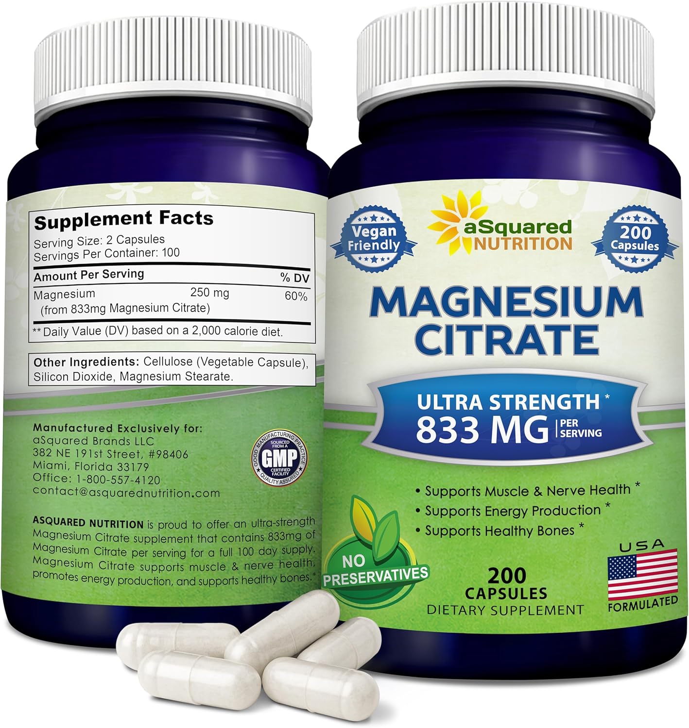 aSquare Nutritio Magnesiu Citrat 833m Supplemen 20 Capsule Ma Strengt Vega Ma Citrat Powde Pill t Suppor Pur Functio o Muscles Hear Bone Help Increas Energy