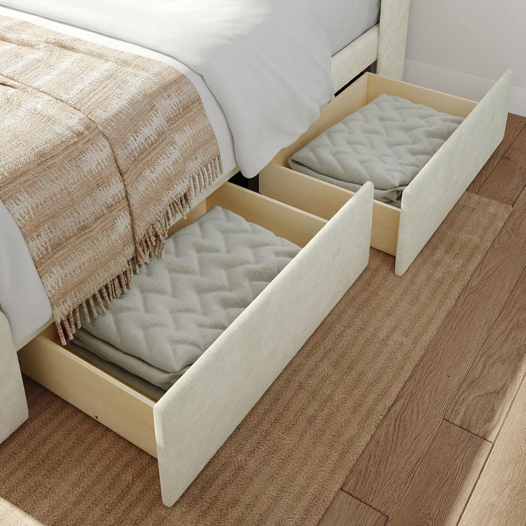 Plank+Beam Upholstered Queen Bed Frame with Rectangular Headboard and Two Storage Drawers, Upholstered Platform Bed, No Box Spring Needed, Easy Assembly, Cream