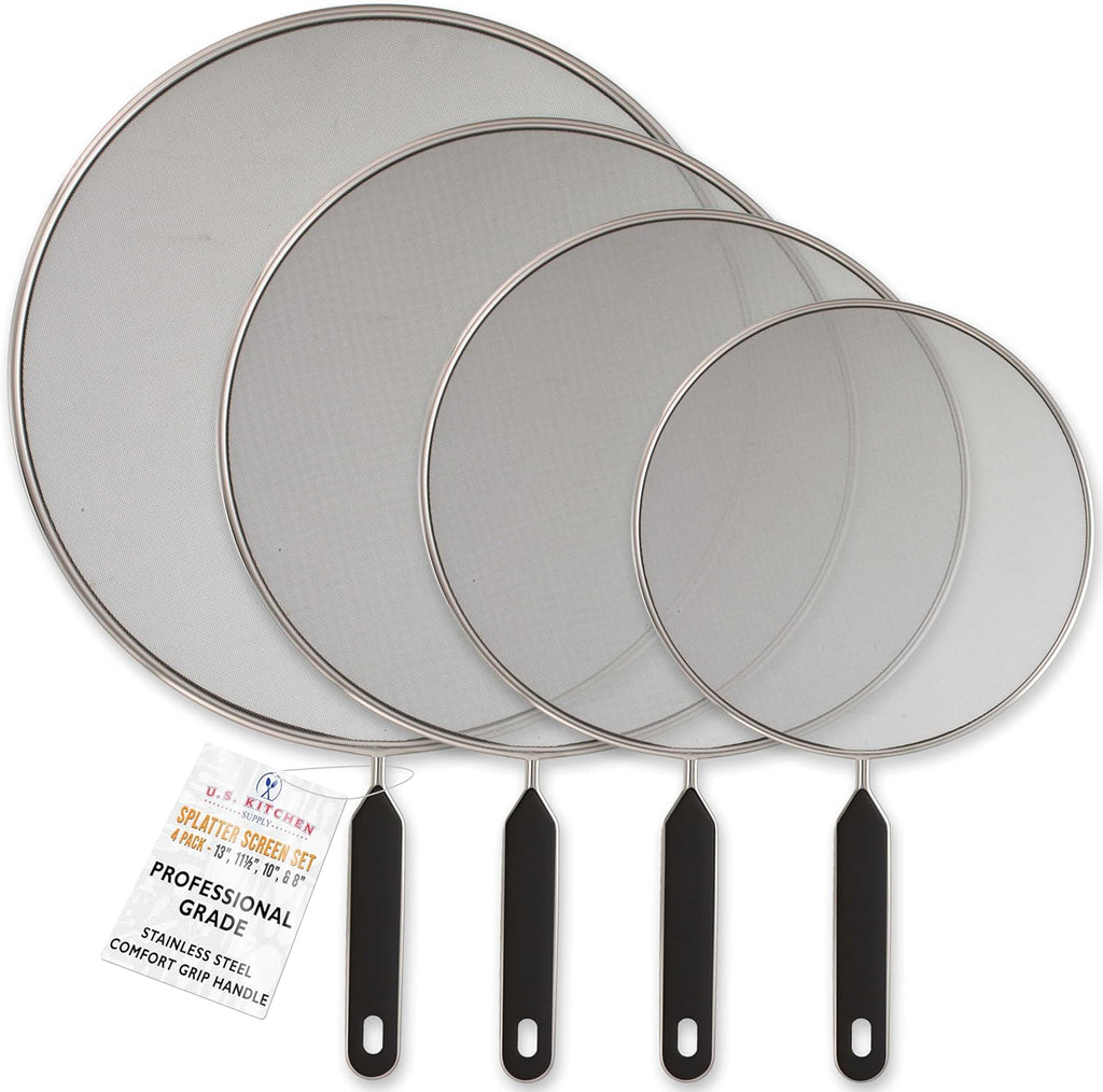 U.S. Kitchen Supply 4-Piece Stainless Steel Splatter Guard Set (13inch, 11.5inch, 10inch,8¡±) Fine Mesh Cover, Grease Oil, Splatter Screen for Frying Pan, Cooking Pots, with Comfort Grip Handles