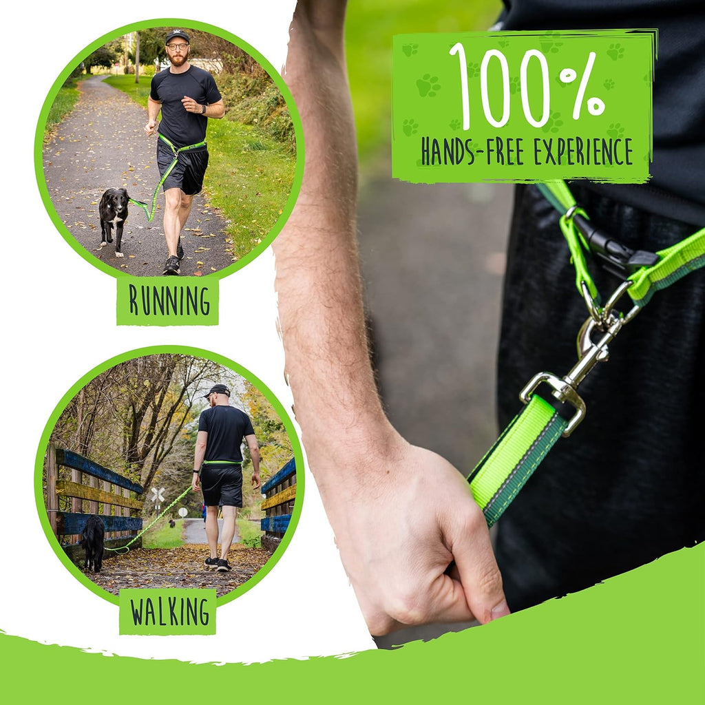 Mighty Paw Hands Free Dog Leash | Bungee Waist Leash for Dog Walking. Pet Running Hands Free Tether for Large, Medium & Small Breeds. Pet Waist Belt (36inch - 48inch) Up to 150 lbs - Green