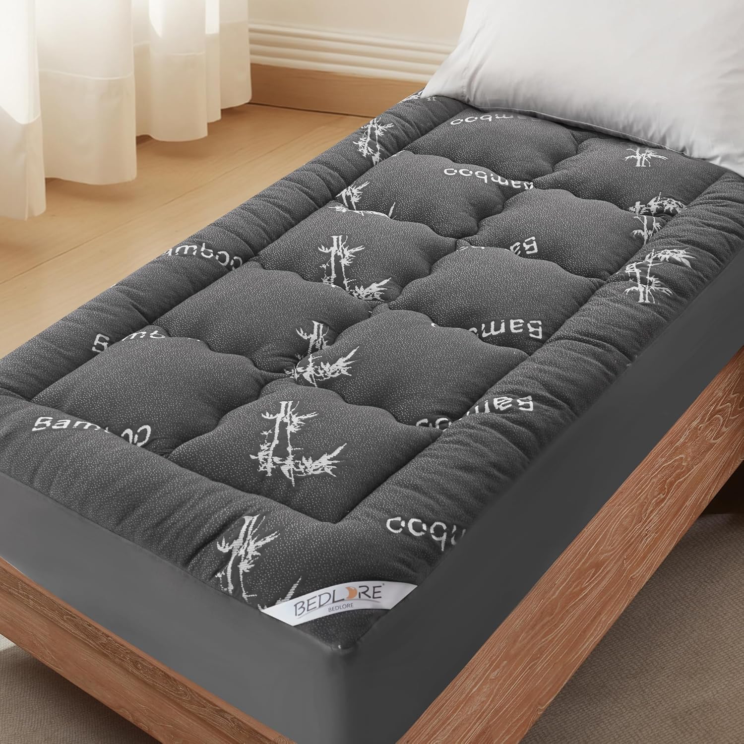Twin XL Mattress Topper Viscose Derived from Bamboo, Thick Pillow Top Mattress Pad with Deep Pockets for 6-15 inches Mattress, Soft Mattress Topper College Dorm Size for Back Pain(Dark Gray)