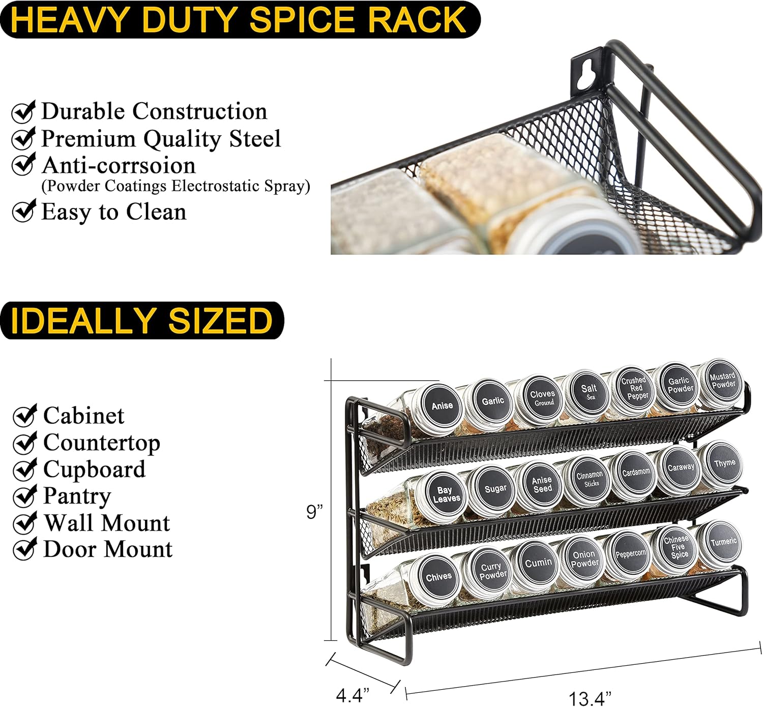SpaceAid Spice Rack Organizer with 21 Spice Jars, 386 Spice Labels, Chalk Marker and Funnel Set for Cabinet, Countertop, Pantry, Cupboard or Door Wall Mount - 21 Jars, 13.4inch W ¡Á 9inch H, Black