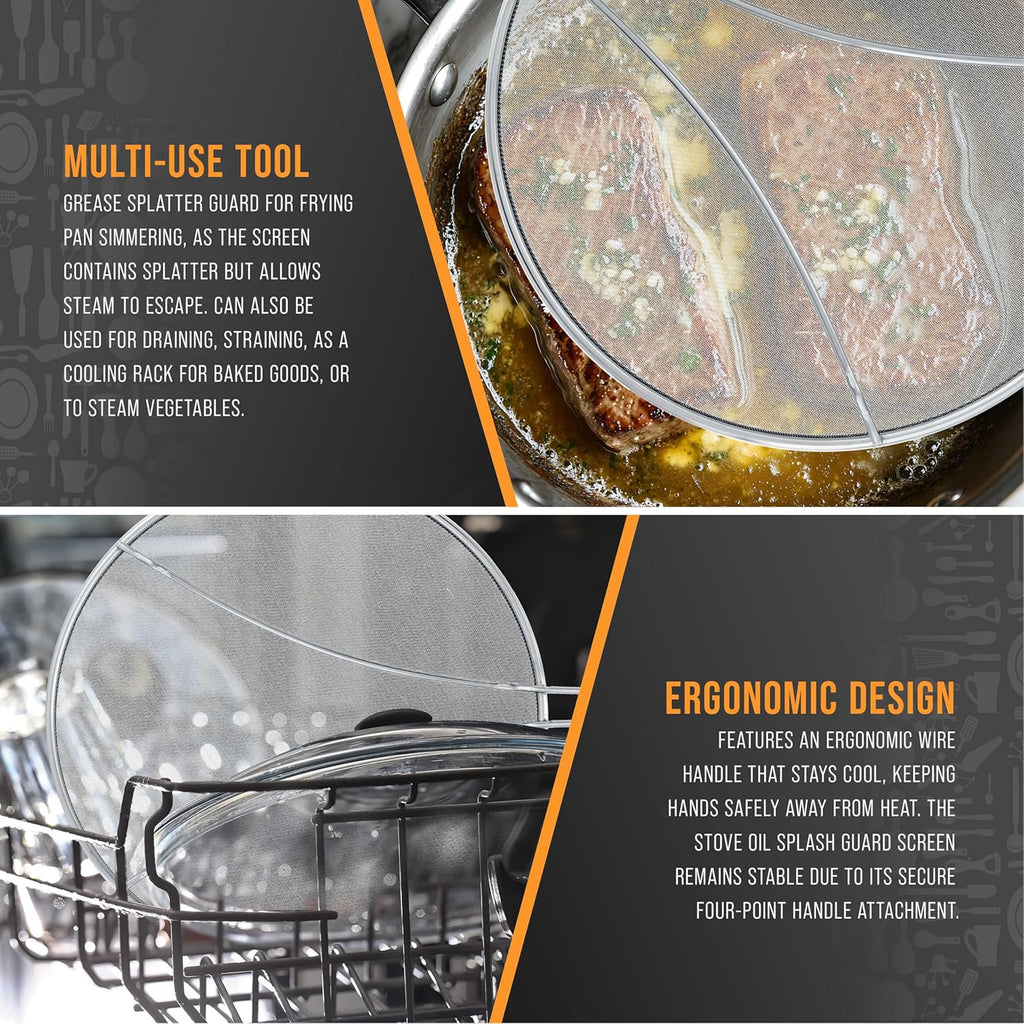 U.S. Kitchen Supply Set of 3 Stainless Steel Splatter Screen - 13inch, 11.5inch 9.5inch Sizes - Fine Mesh Splatter Screen with Resting Feet Set, Grease Guard for Kitchen Pots and Pans