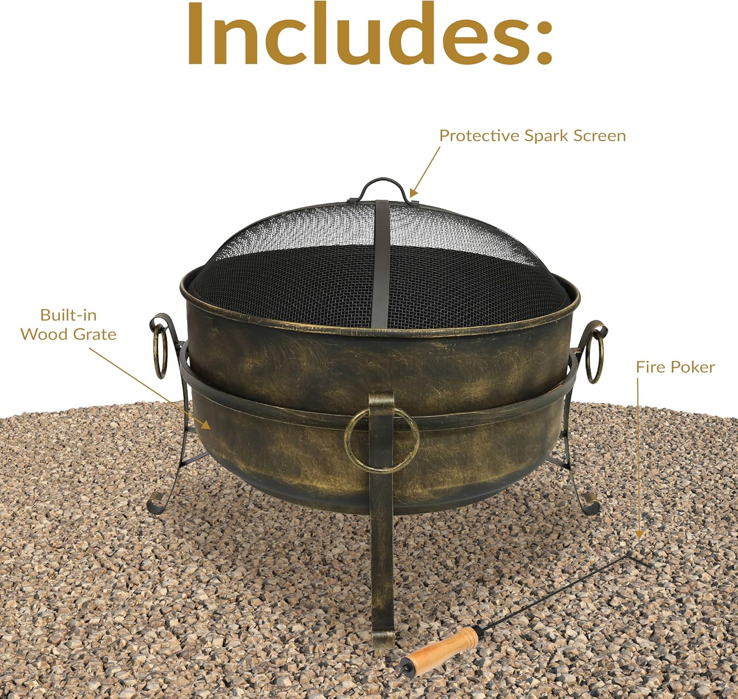 Sunnydaze 24-Inch Small Fire Pit for Outside - Wood-Burning Fire Pit Bowl for Outdoors with Spark Screen, Log Poker, and Grate