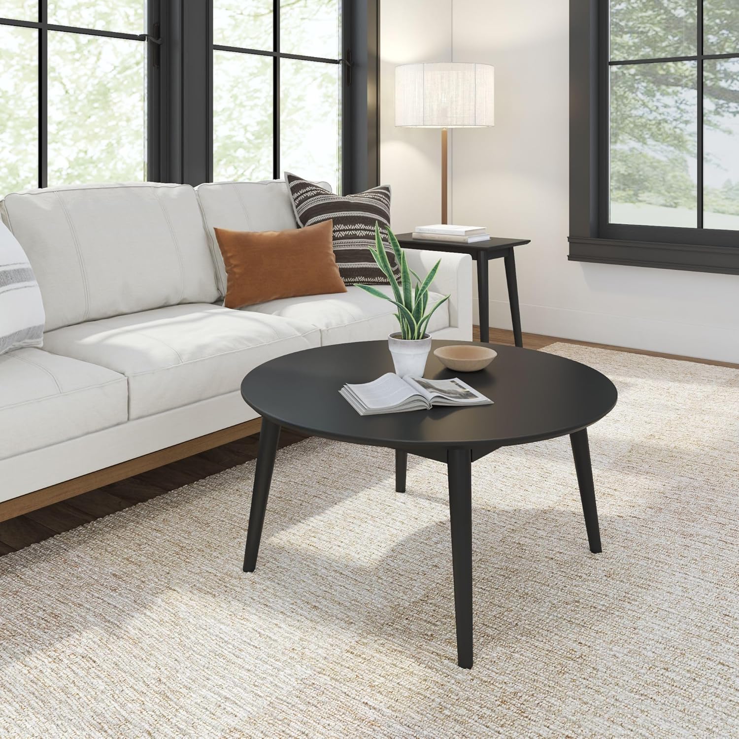 Plank+Beam Mid Century Modern Coffee Table, 36 Inch Wood Coffee Tables for Living Room, Round Center Table, Cocktail Table for Small Spaces, Black