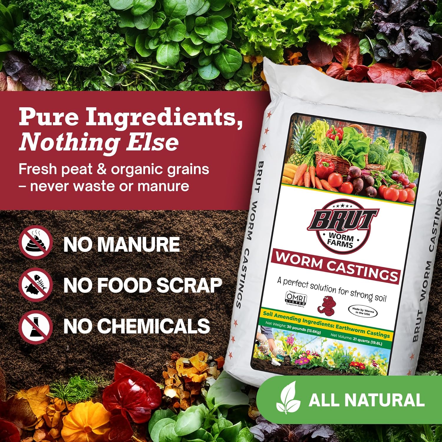 Brut Organic Worm Castings for Plants 30 LB ¨C Natural Nutrients, Fertility Builder, Plant Food for Potting Soil and Garden Soil ¨C Indoor and Outdoor Use