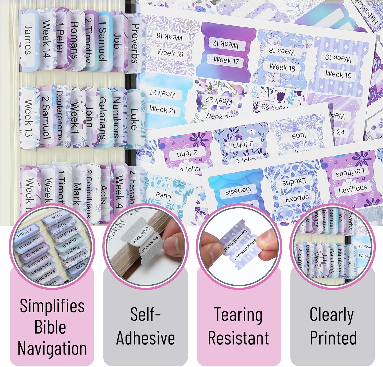 Bible Tabs, 120 pcs, Lavender Breeze, Laminated Bible Tabs for Women