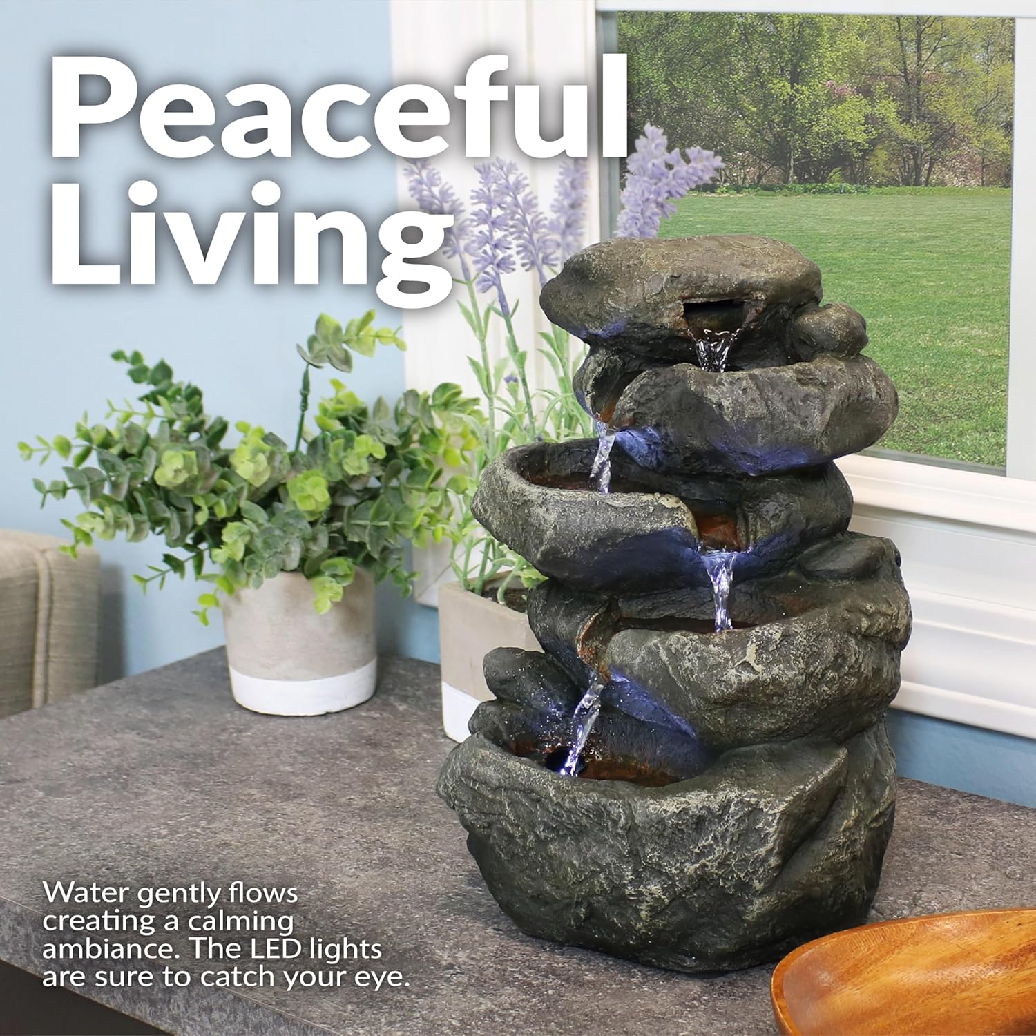 Sunnydaz Tableto Wate Fountai Stacke Rock 10. Inc Relaxin Deskto Wate Fountai wit LE Light Office Bedroom Livin Room