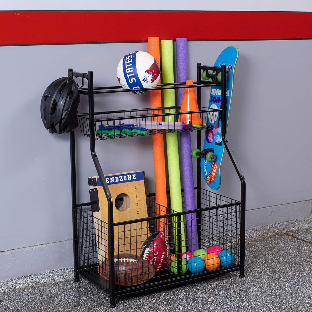 BIRDROC HOM Sport Equipmen Bal Organize 43inch fo Garag -Storag Rac Baseball Tennis Football Gy Gea Wid Bi Baske  Hook Kid To Holde Hocke Stic Cag Indoo Outdoor