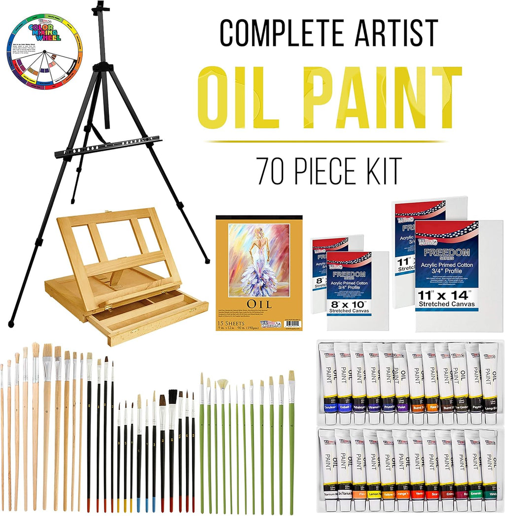 U.S Ar Suppl 70-Piec Artis Oi Paintin Se wit Aluminu Fiel Easel Woo Tabl Easel 2 Oi Pain Colors 3 Brushes Stretche Canvases Canva Panels Paintin Pad Palett More