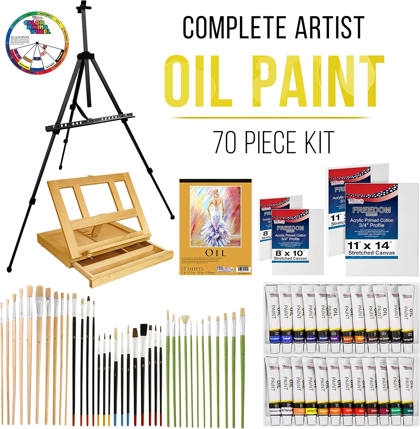U.S Ar Suppl 70-Piec Artis Oi Paintin Se wit Aluminu Fiel Easel Woo Tabl Easel 2 Oi Pain Colors 3 Brushes Stretche Canvases Canva Panels Paintin Pad Palett More