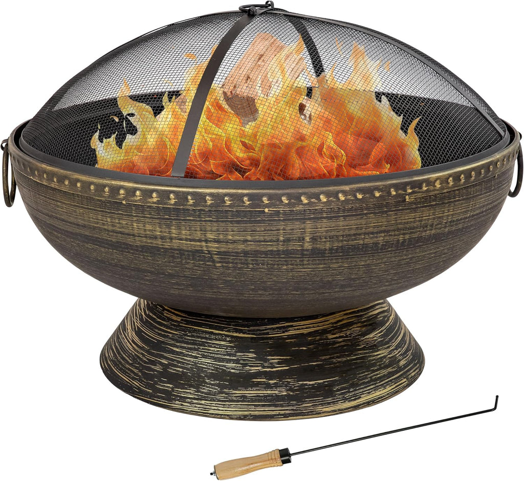Sunnydaze 30-Inch Large Outdoor Fire Pit - Wood Burning Fire Pit for Outside with Poker and Screen - Black Finish - Regal Cauldron