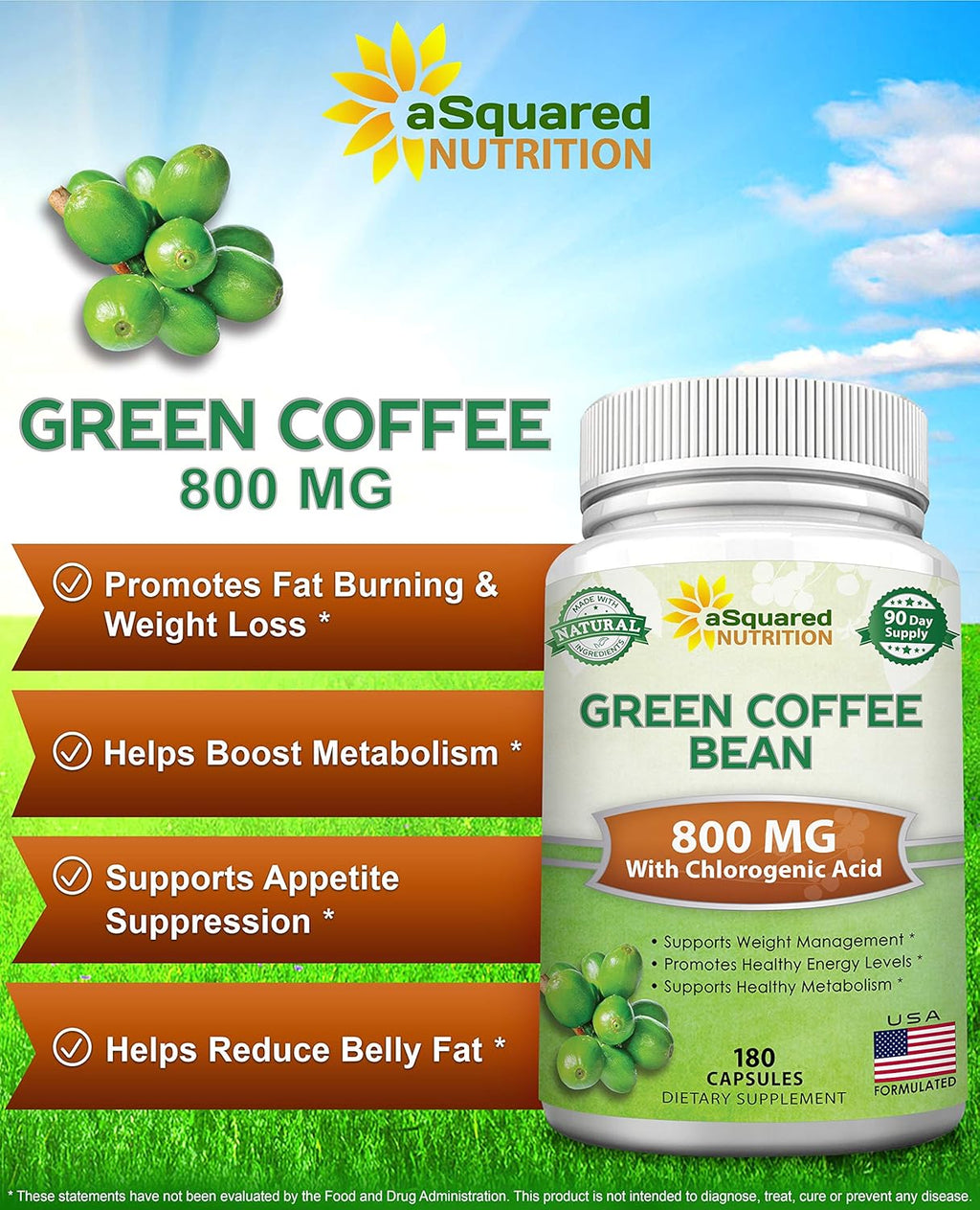 aSquare Nutritio Natura Gree Coffe Bea Formula-18 Capsules-Ma Strengt GC Antioxidan Cleans fo Pur Weigh Loss 800m pe Pill-Chlorogeni Acid-1600m Dail Supplement Health Fa Burner