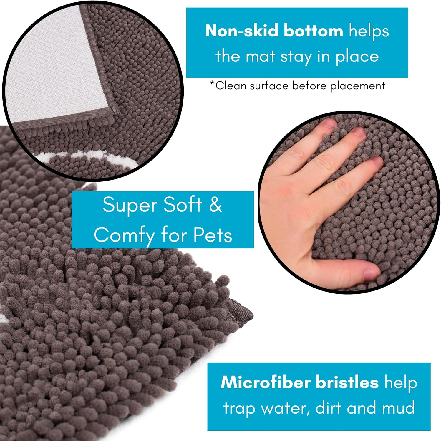 Internet's Best Chenille Dog Doormat - 35 x 25 - Absorbent Surface - Non-Skid Bottom - Protects Floors - Grey