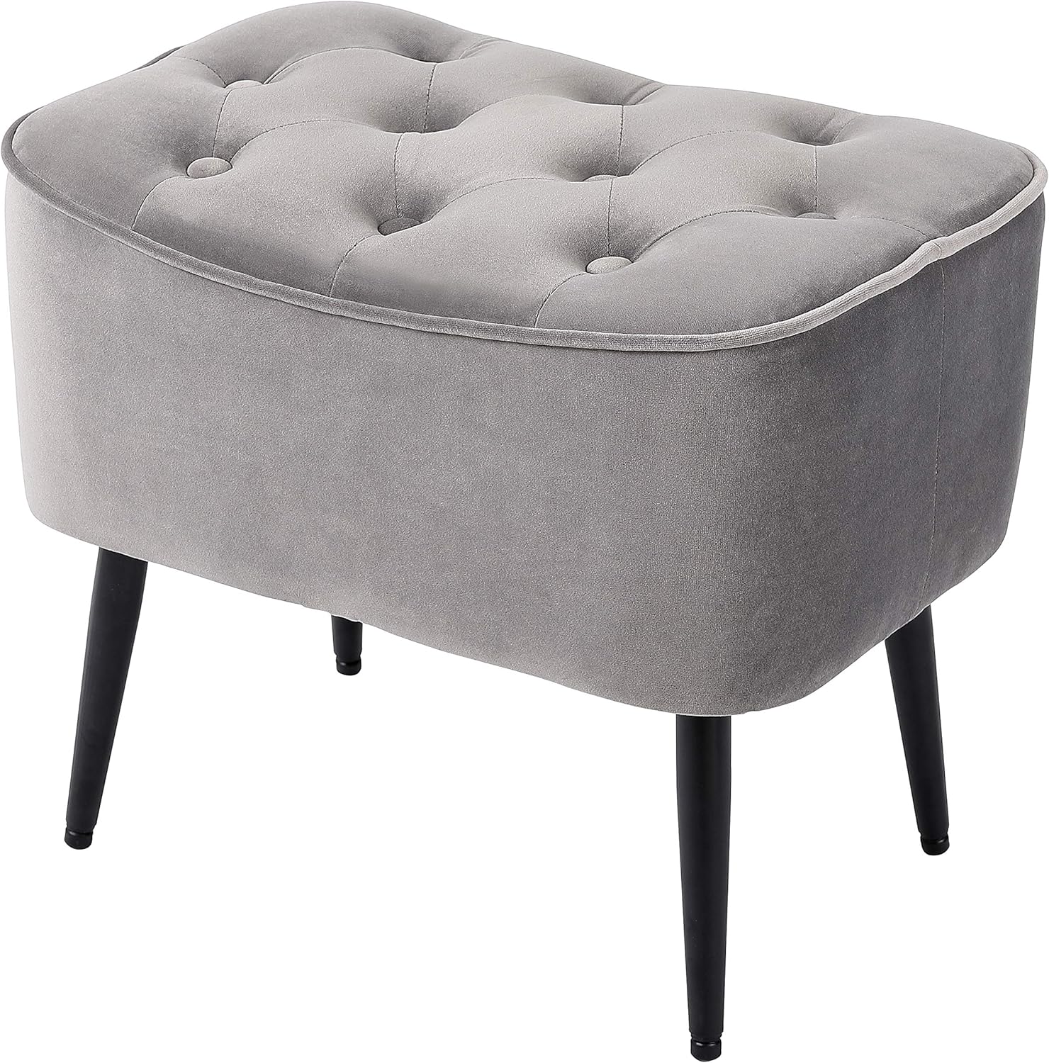 BIRDROCK HOME Tufted Curve Ottoman Velvet Foot Stool - Upholstered Padded Footrest for Living Room or Bedroom - Small Cushioned Accent Chair for Couch, Sofa, Large Seating - Modern Furniture - Grey