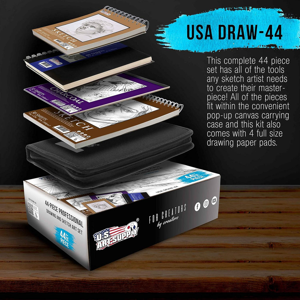 U.S Ar Suppl 44-Piec Drawin Sketchin Ar Se wit Sketc Pad (24 Pape Sheets Professiona Artis Kit Graphite Charcoal Paste Pencil Sticks Eraser Pop-U Carr Case Student