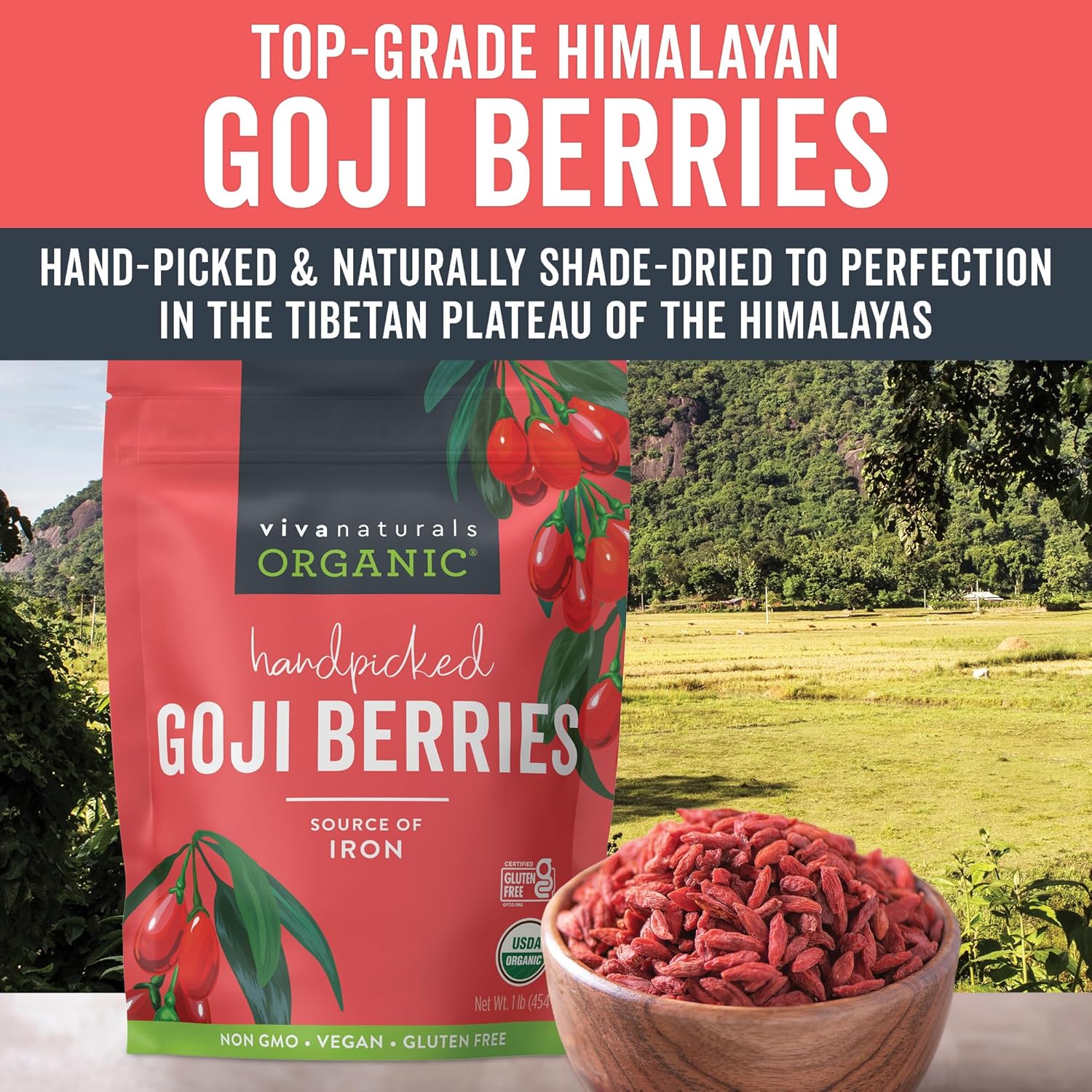 Viva Naturals Organic Dried Goji Berries, 1 lb (454 g) ¨C Non-GMO, Vegan Wolfberries, Perfect for Goji Berry Tea, Smoothies, Baking Snacking