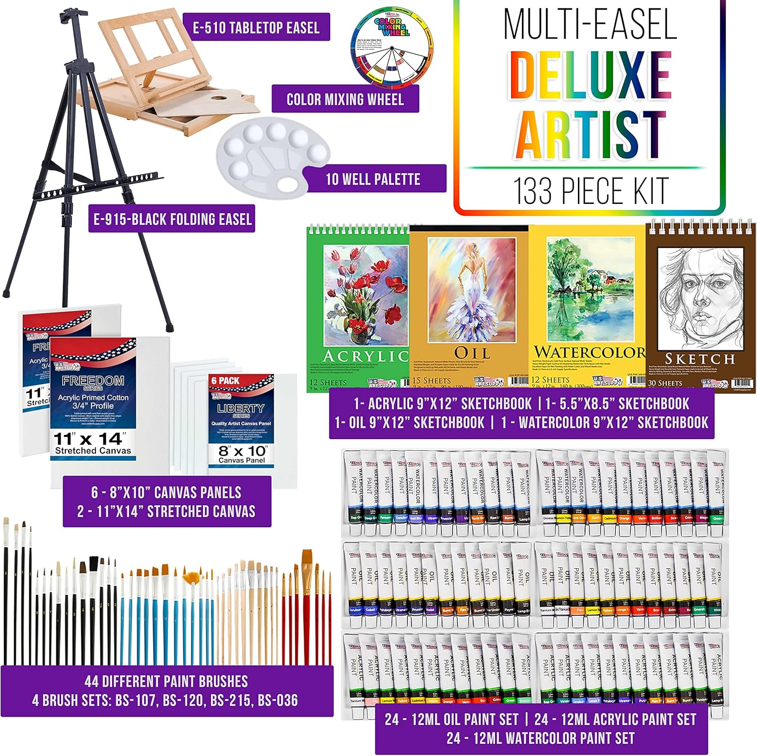 U.S Ar Suppl 133-Piec Artis Paintin Ki Aluminu Woo Easel 2 Eac (Acrylic Oil Watercolo Paints) Canvases 4 Brushes Pain Sketc Pad Paintin Kit fo Adults Gif Set