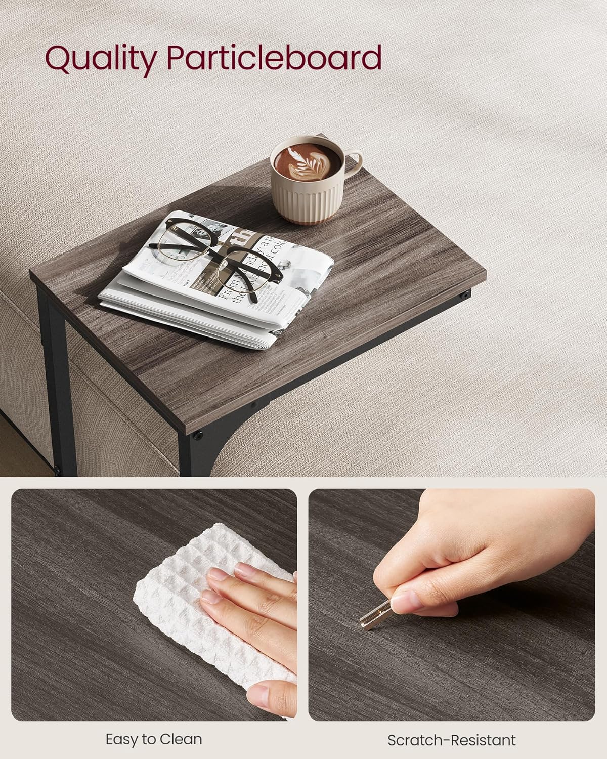 C-Shaped End Table, Small Side Table for Couch, Sofa Table with Metal Frame for Living Room, Bedroom, Bedside, Chestnut Brown and Black