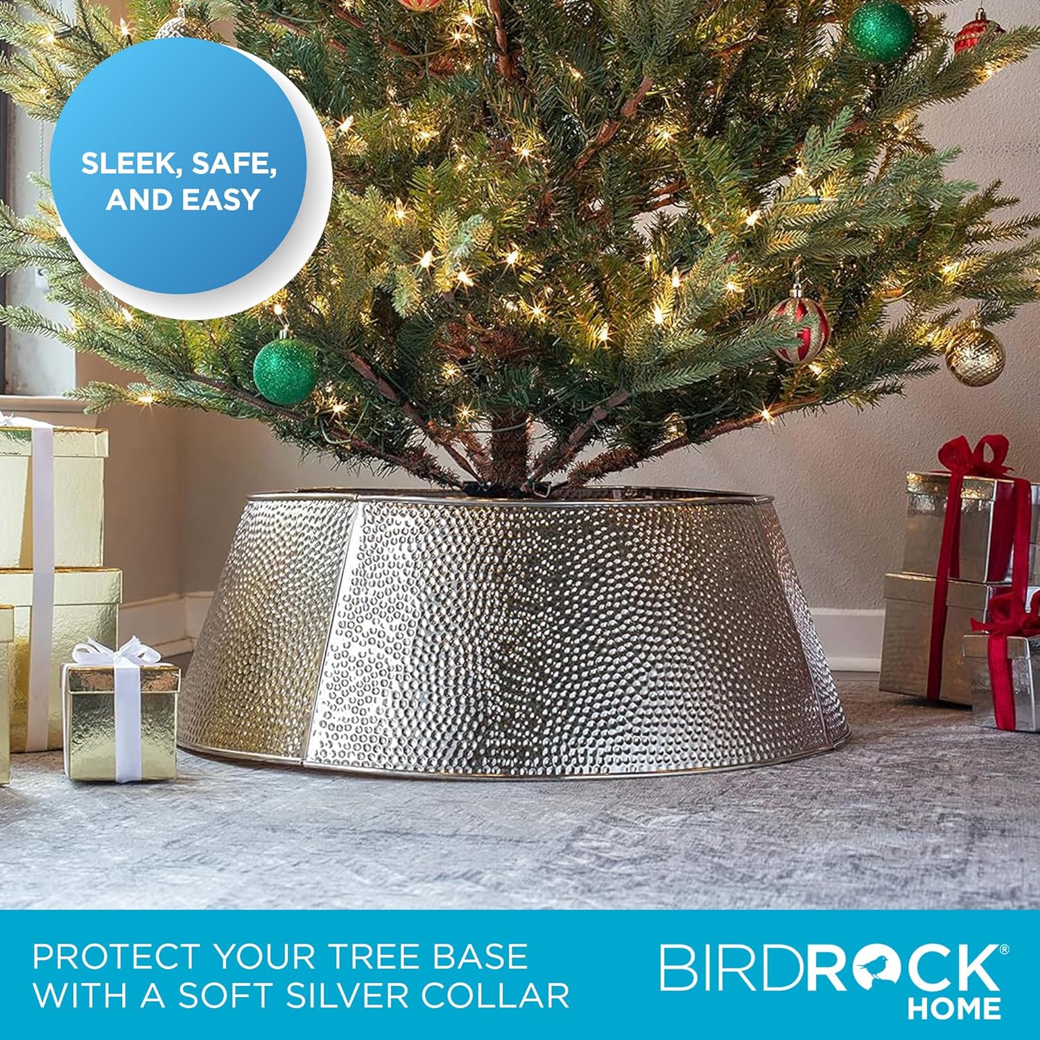 BIRDROCK HOME 4-Panel Christmas Tree Collar - Metal Holiday Skirt Decor - Water Base Protection from Pets (Silver - Hammered)